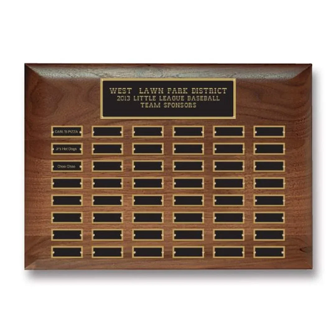 Custom American Walnut Rolled-Edge Perpetual Plaque, Black Brass Plates for service anniversary gifts