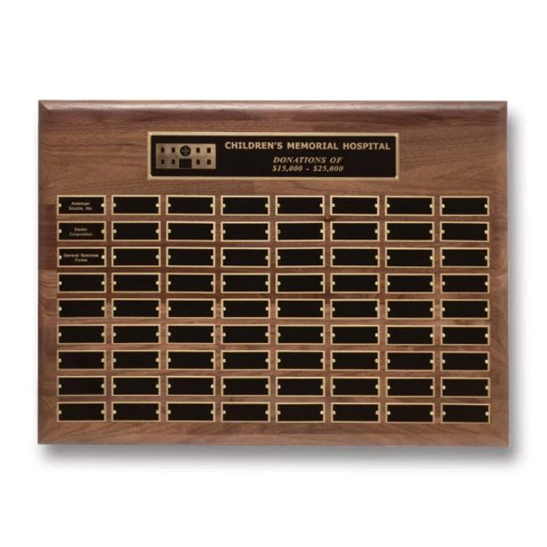 Custom American Walnut Rolled-Edge Perpetual Plaque, Black Brass Plates for sales achievement awards