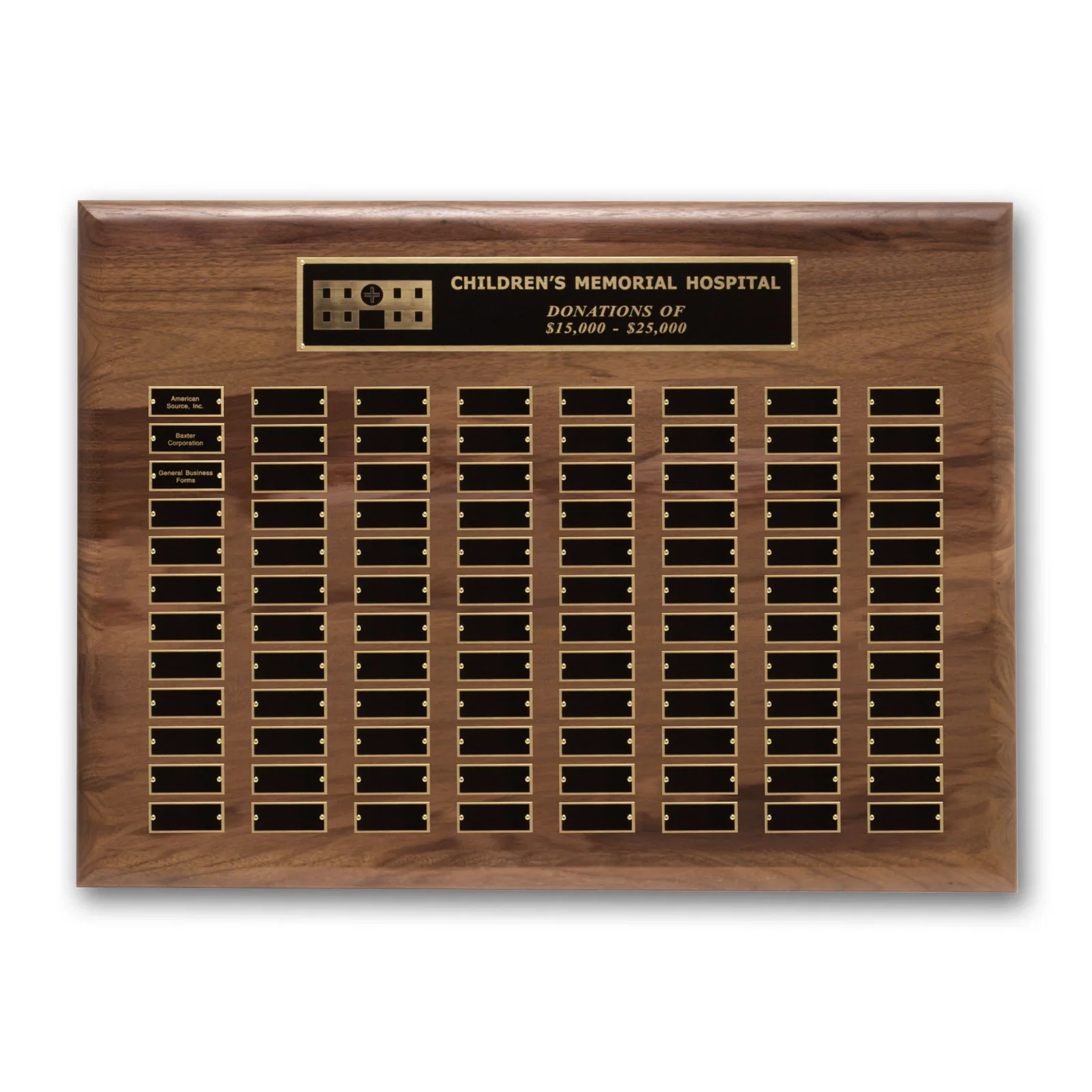Custom American Walnut Rolled-Edge Perpetual Plaque, Black Brass Plates for retirement presentations