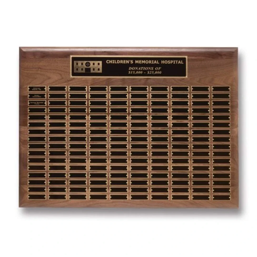 Custom American Walnut Rolled-Edge Perpetual Plaque, Black Brass Plates for team milestone celebrations