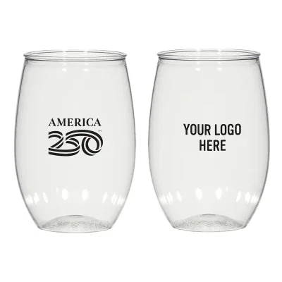 Clear stemless wine glass standing about four and a half inches tall