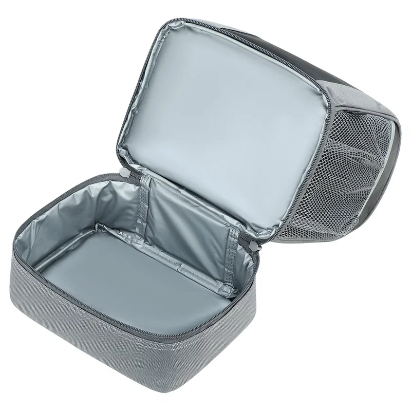 Angled view of the Americana RPET 2-Compartment Lunch Cooler Bag standing upright on a counter