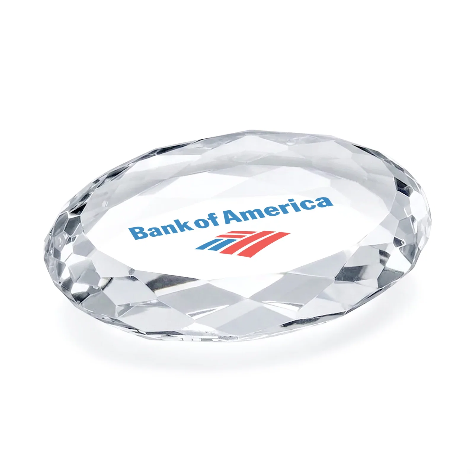 Custom Gem-Cut Oval Crystal Paperweight, 4" x 2.875", client appreciation gift for service anniversary gifts