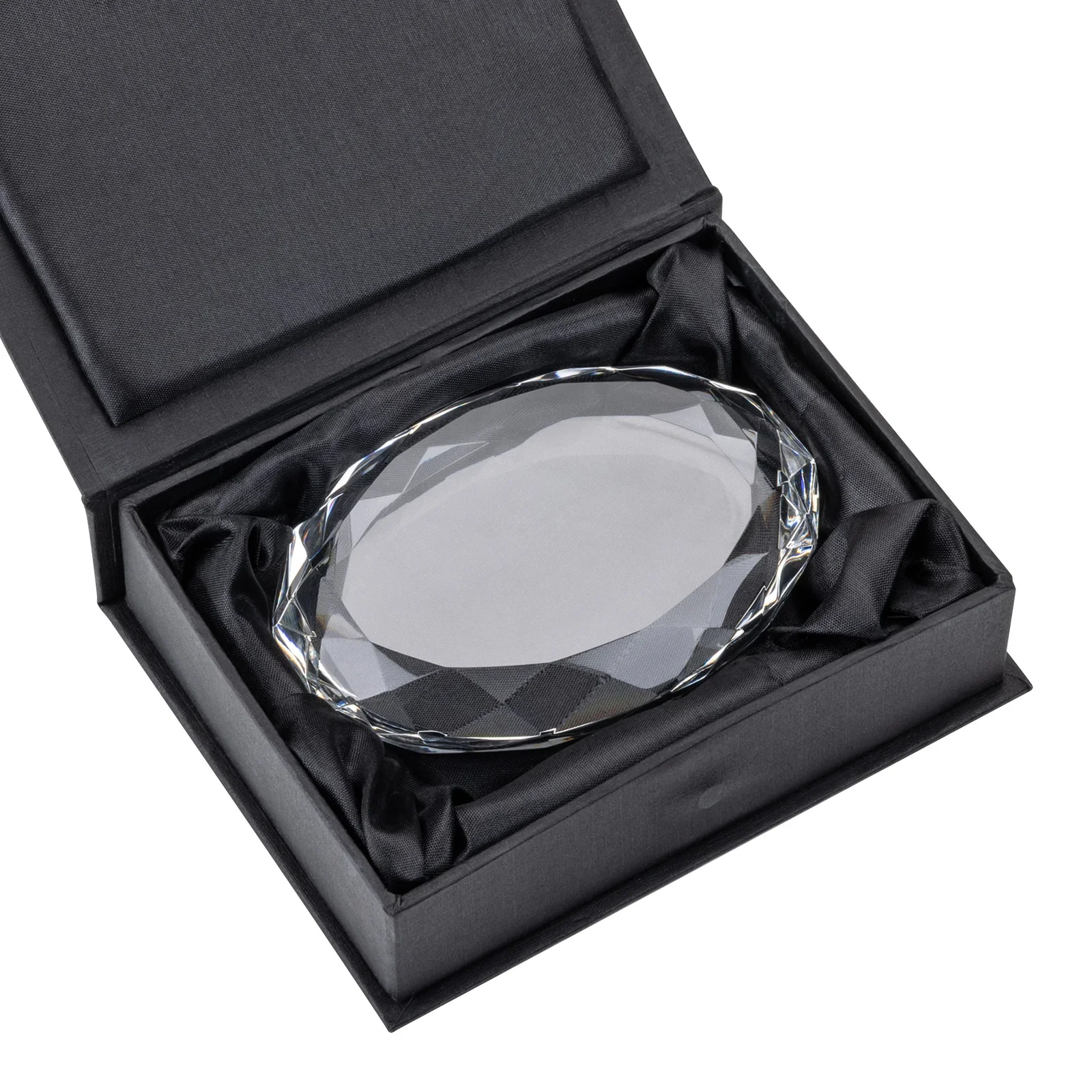 Custom Gem-Cut Oval Crystal Paperweight, 4" x 2.875", client appreciation gift for sales achievement awards