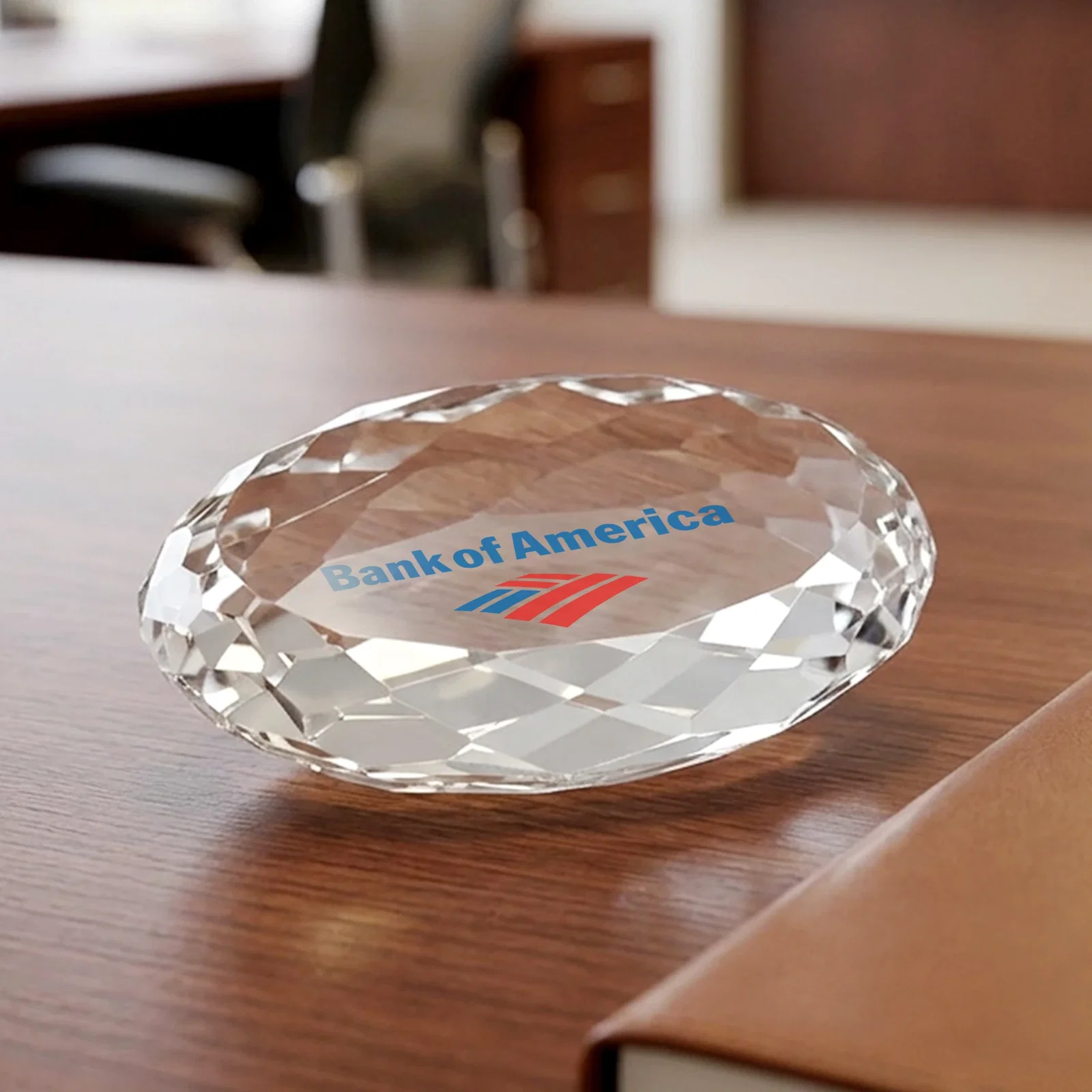 Custom Gem-Cut Oval Crystal Paperweight, 4" x 2.875", client appreciation gift for retirement presentations