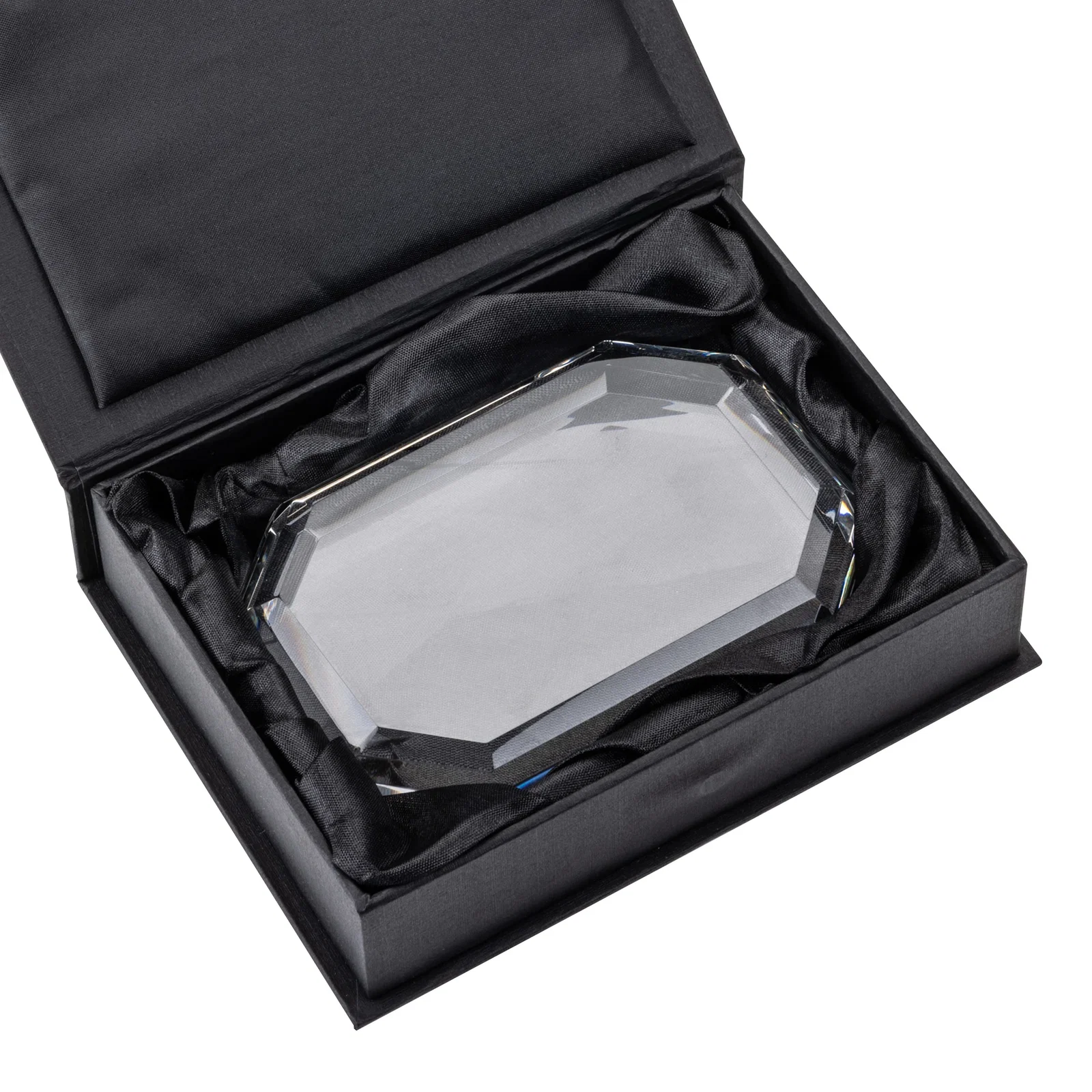 Custom Clipped-Corner Rectangle Crystal Paperweight, 4" x 2.75" x 0.75", client appreciation gift for corporate award ceremonies