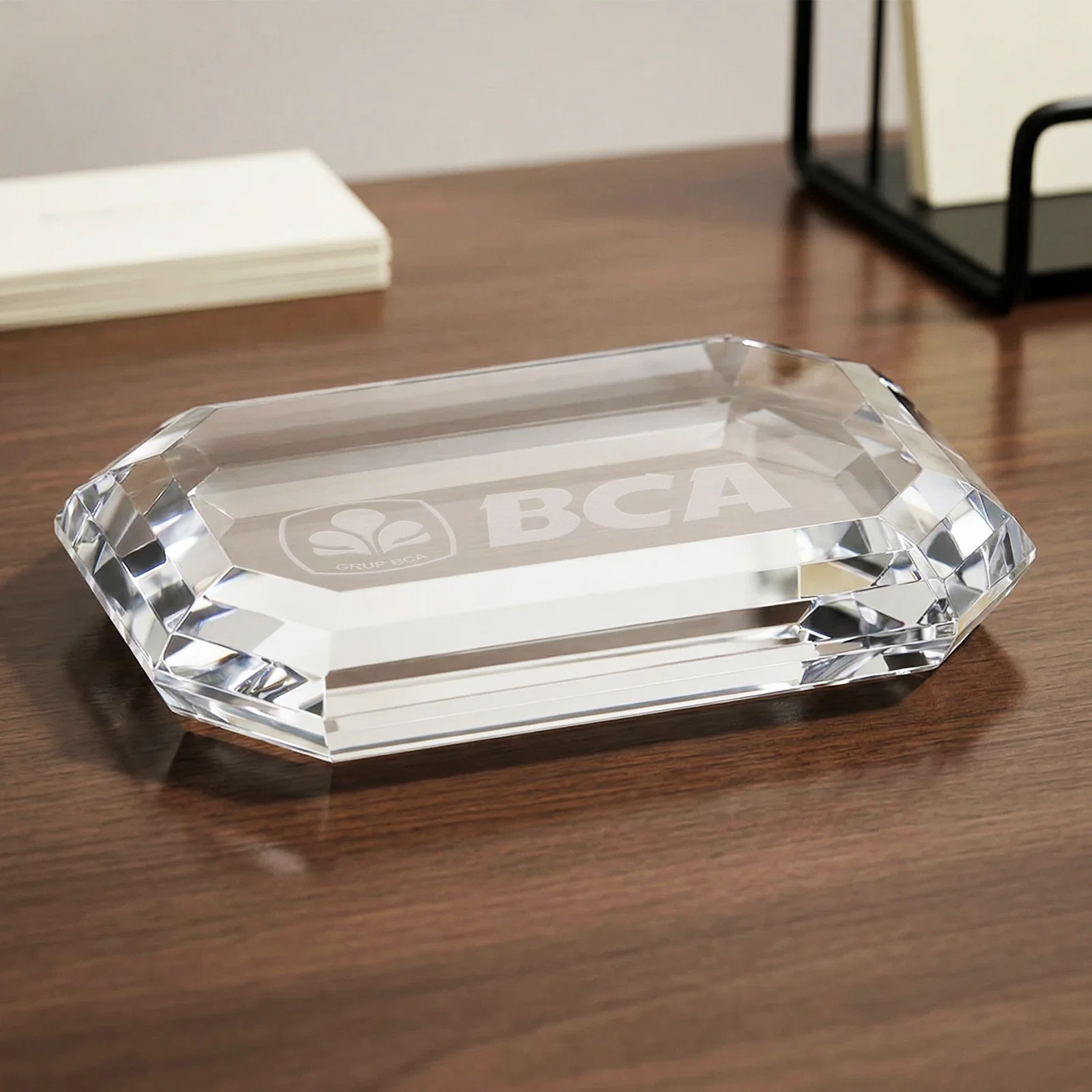 Custom Clipped-Corner Rectangle Crystal Paperweight, 4" x 2.75" x 0.75", client appreciation gift for service anniversary gifts