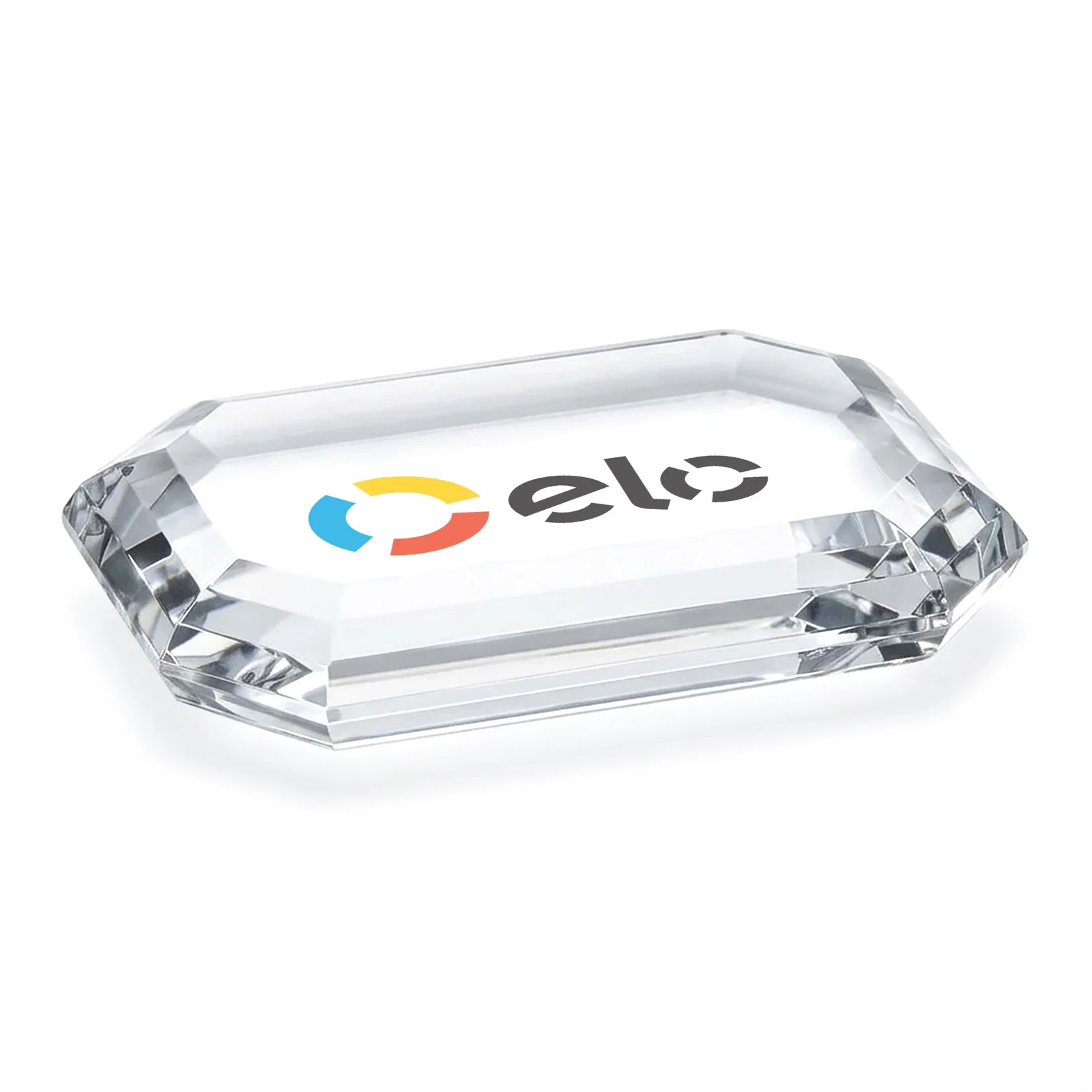 Custom Clipped-Corner Rectangle Crystal Paperweight, 4" x 2.75" x 0.75", client appreciation gift for sales achievement awards