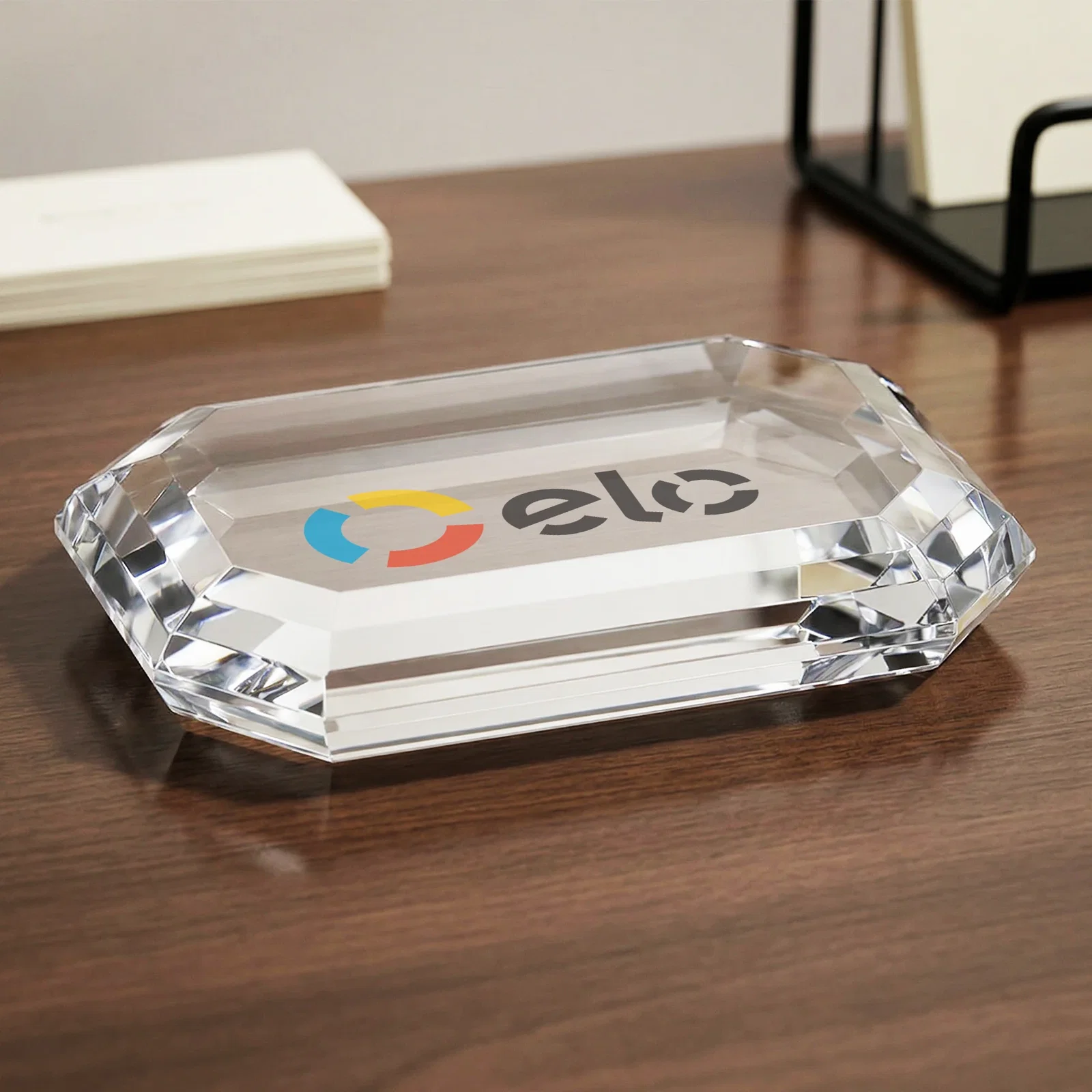Custom Clipped-Corner Rectangle Crystal Paperweight, 4" x 2.75" x 0.75", client appreciation gift for retirement presentations