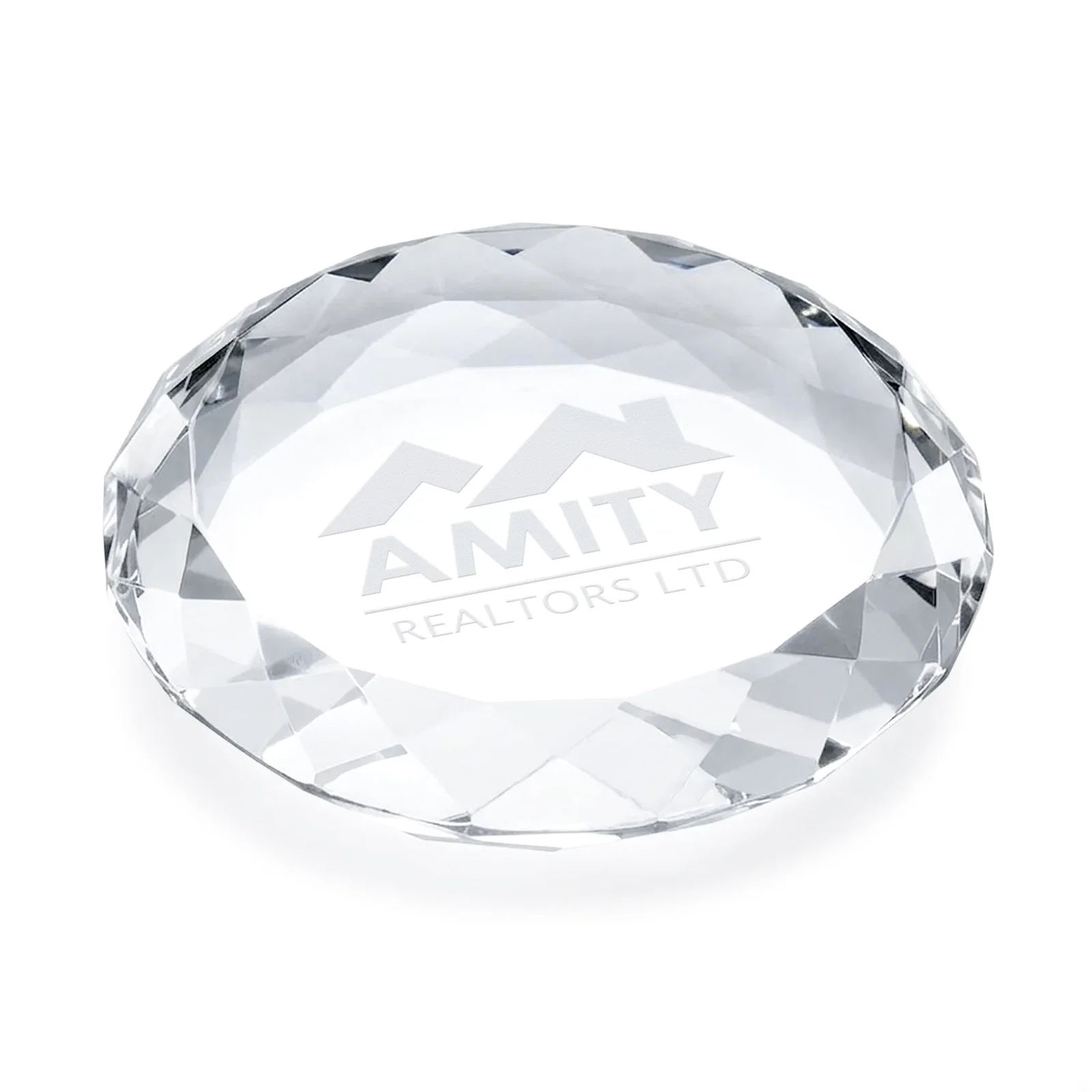 Custom Gem-Cut Round Crystal Paperweight, 3.5" x 0.75", client appreciation gift for employee recognition