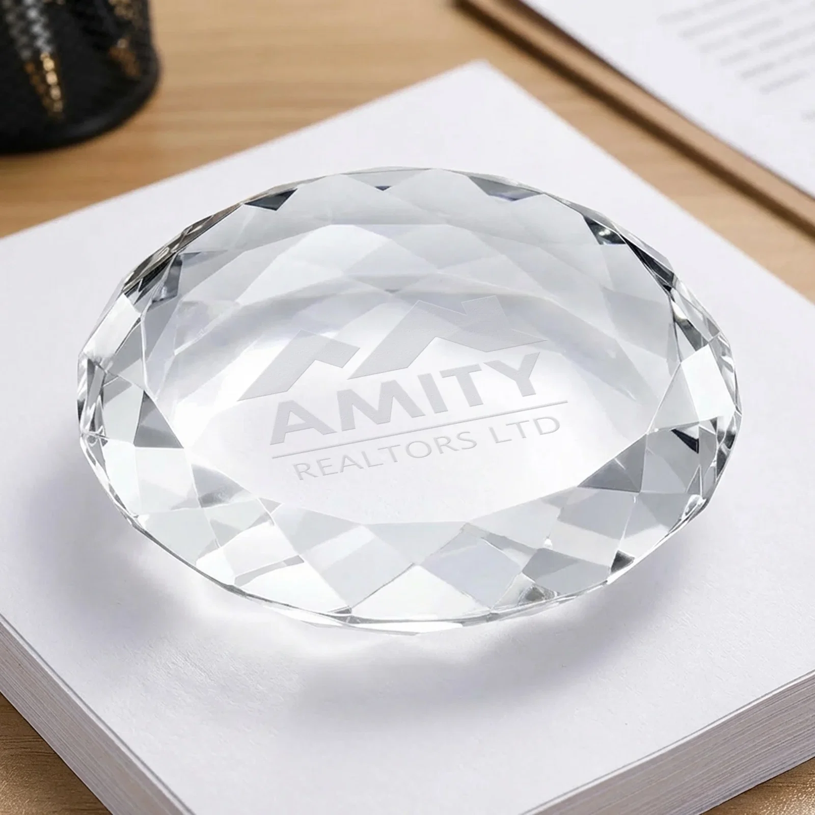 Custom Gem-Cut Round Crystal Paperweight, 3.5" x 0.75", client appreciation gift for service anniversary gifts