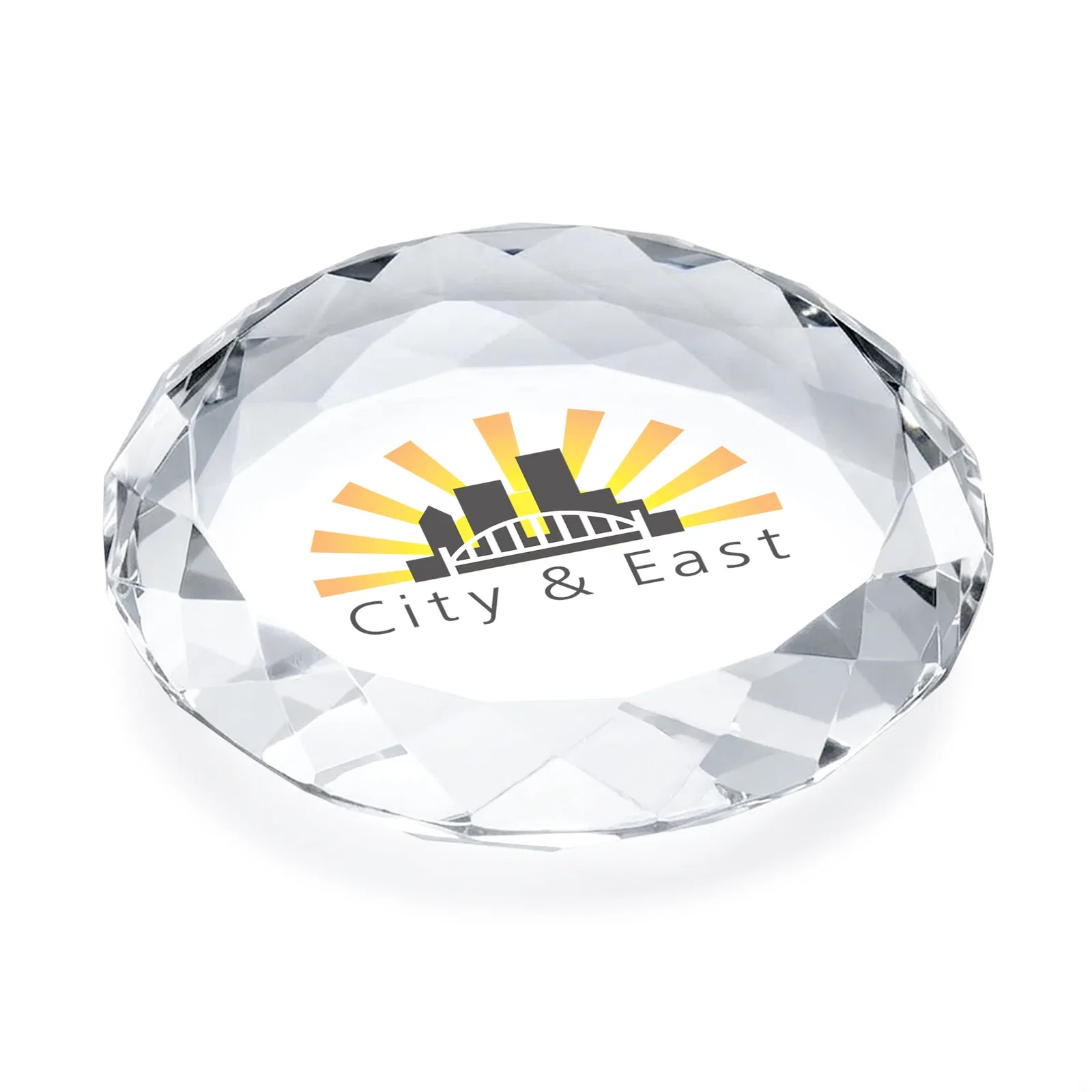 Custom Gem-Cut Round Crystal Paperweight, 3.5" x 0.75", client appreciation gift for sales achievement awards