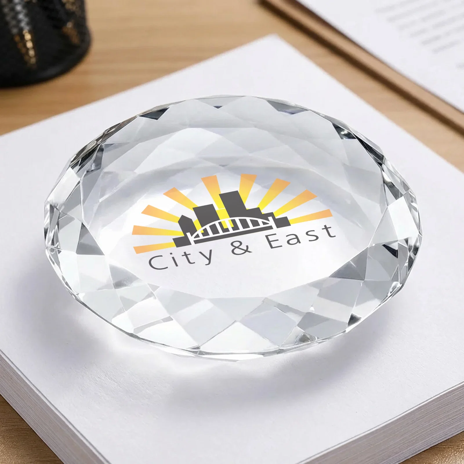 Custom Gem-Cut Round Crystal Paperweight, 3.5" x 0.75", client appreciation gift for retirement presentations