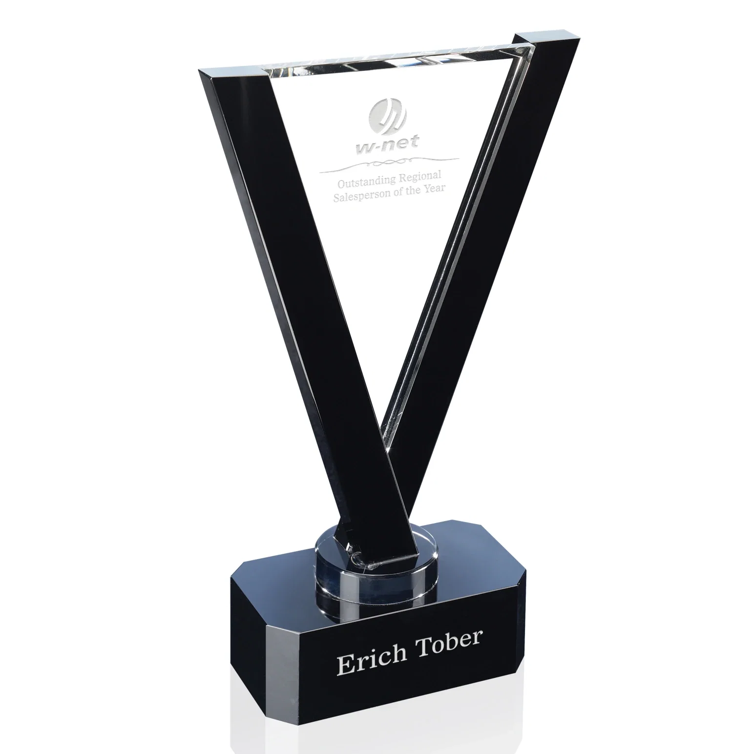 Custom Optical Crystal Award with Black V Frame Enclosing Clear Triangle for employee recognition