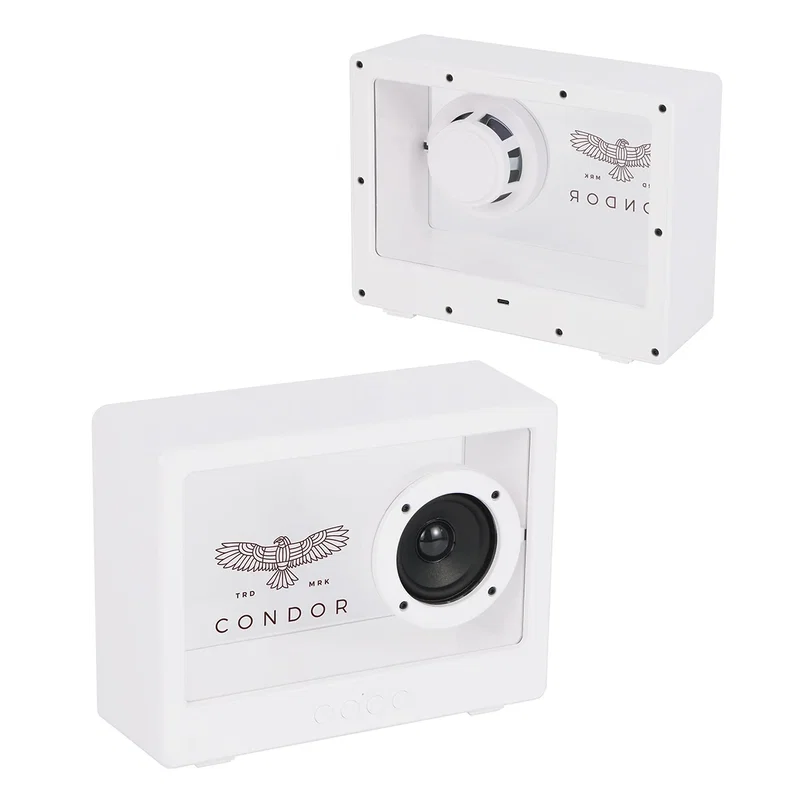Angled view of the AMP 5W Speaker's control buttons and charging port