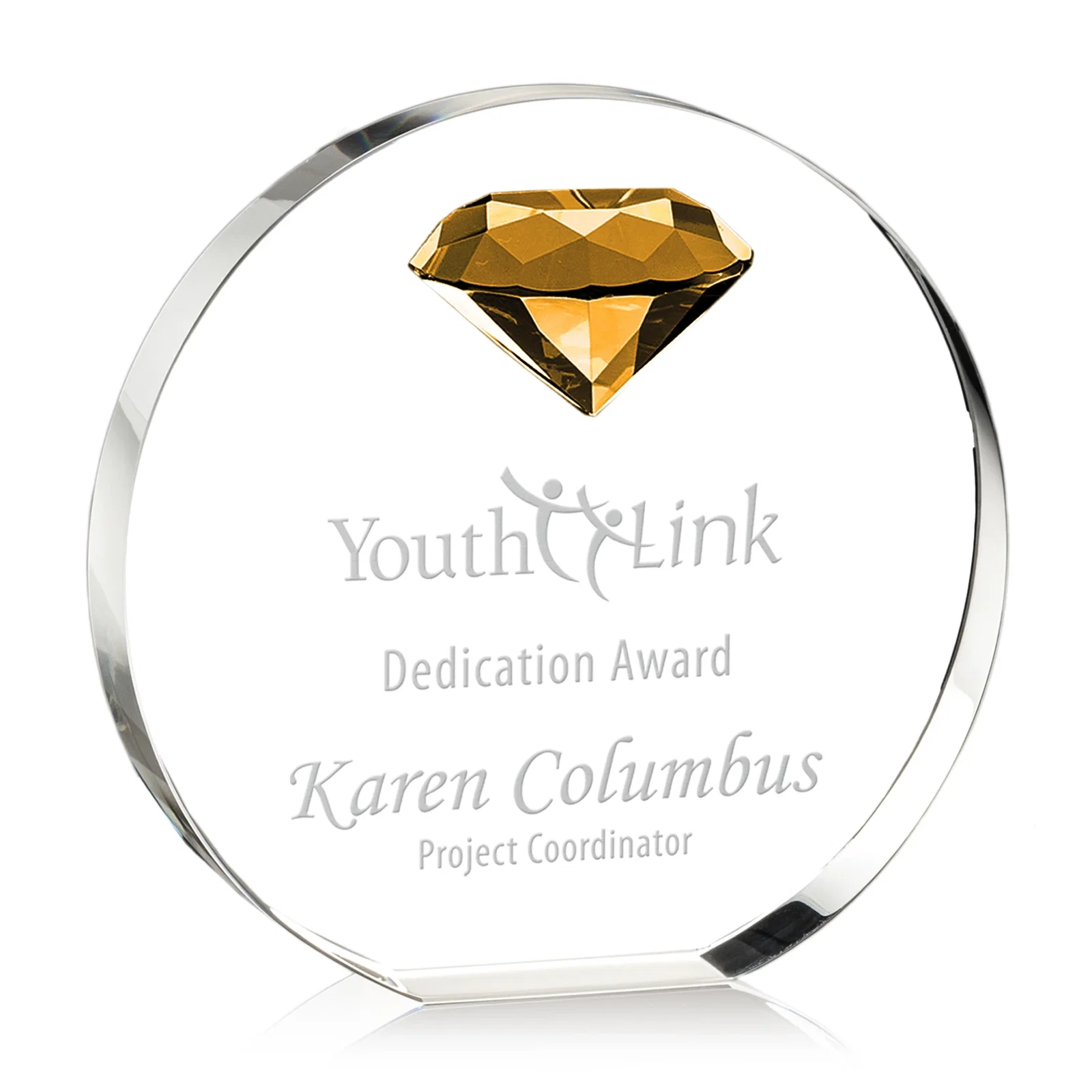 Custom Optical Crystal Disc Award with Faceted Gemstone for volunteer appreciation