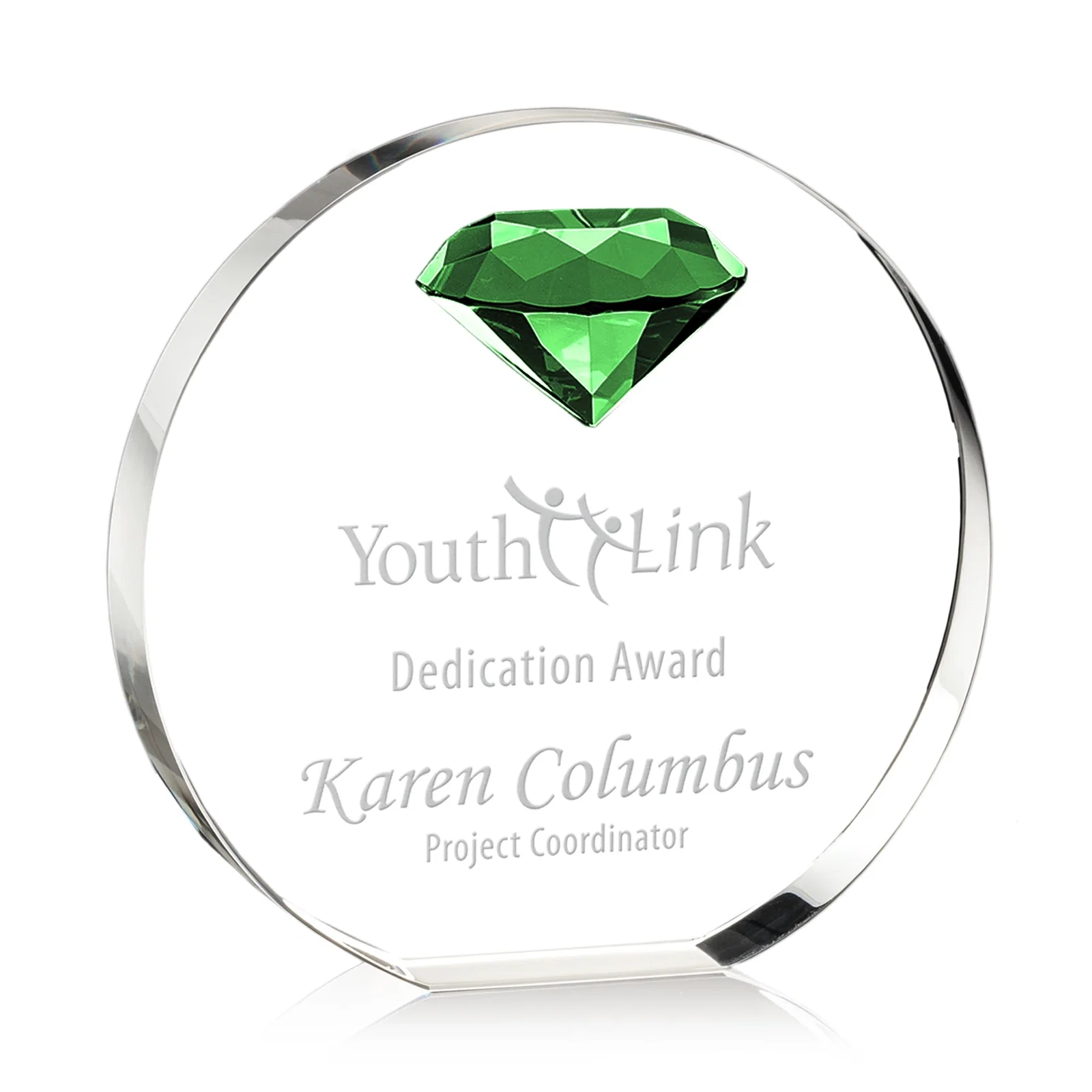 Personalized Optical Crystal Disc Award with Faceted Gemstone for employee recognition