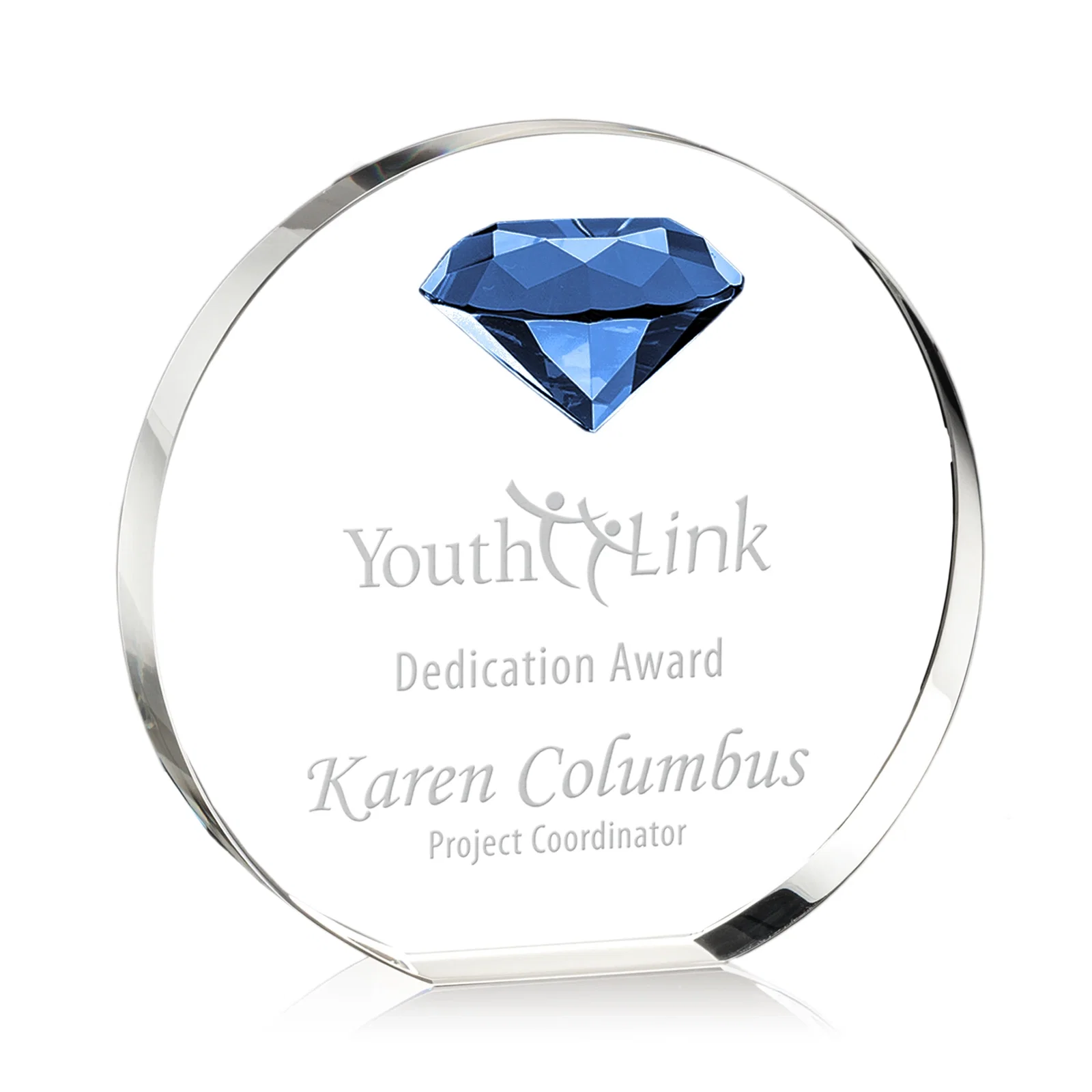 Personalized Optical Crystal Disc Award with Faceted Gemstone for volunteer appreciation
