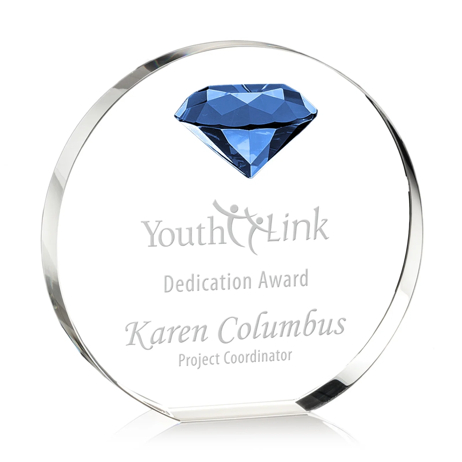 Personalized Optical Crystal Disc Award with Faceted Gemstone for company anniversary events