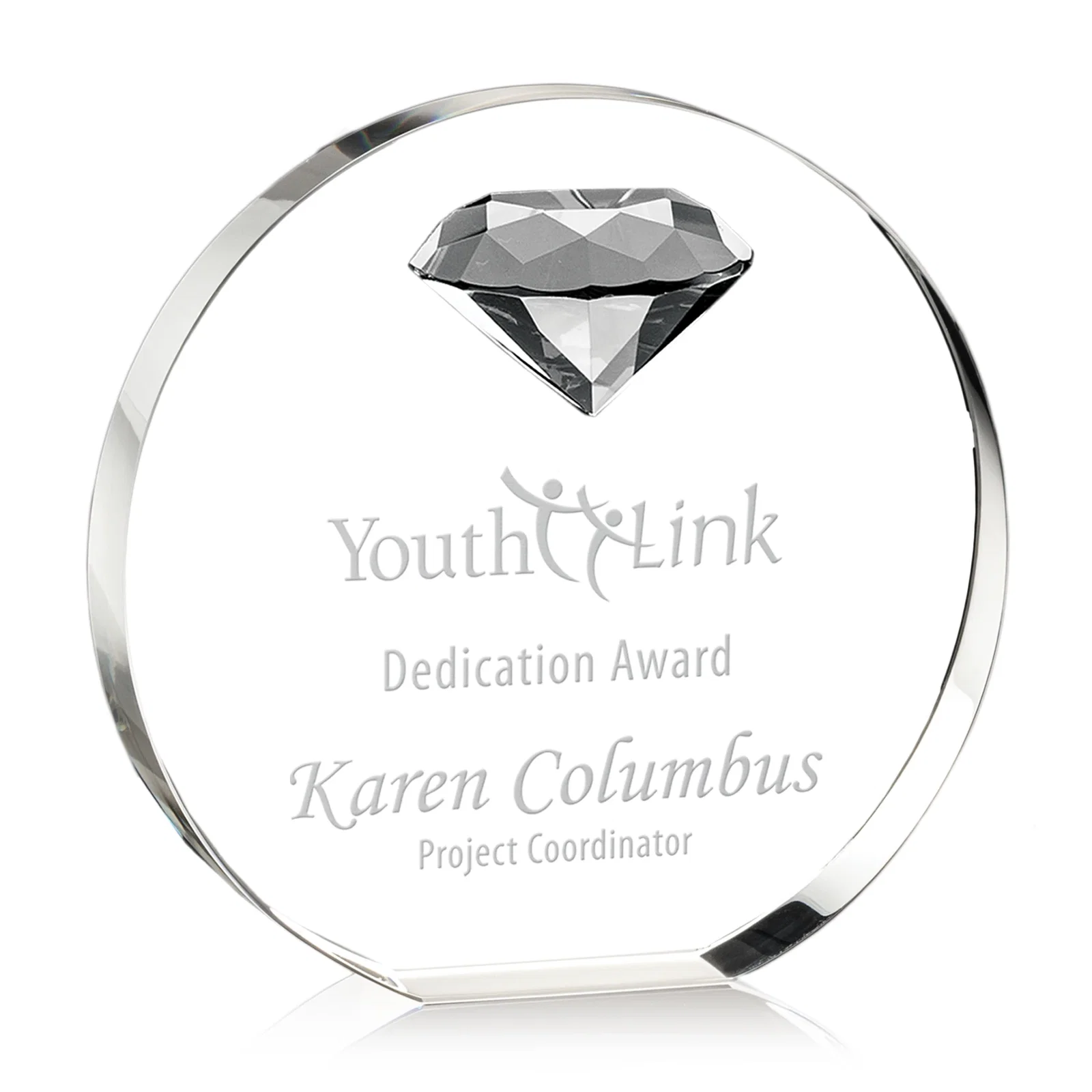 Custom Optical Crystal Disc Award with Faceted Gemstone for retirement presentations