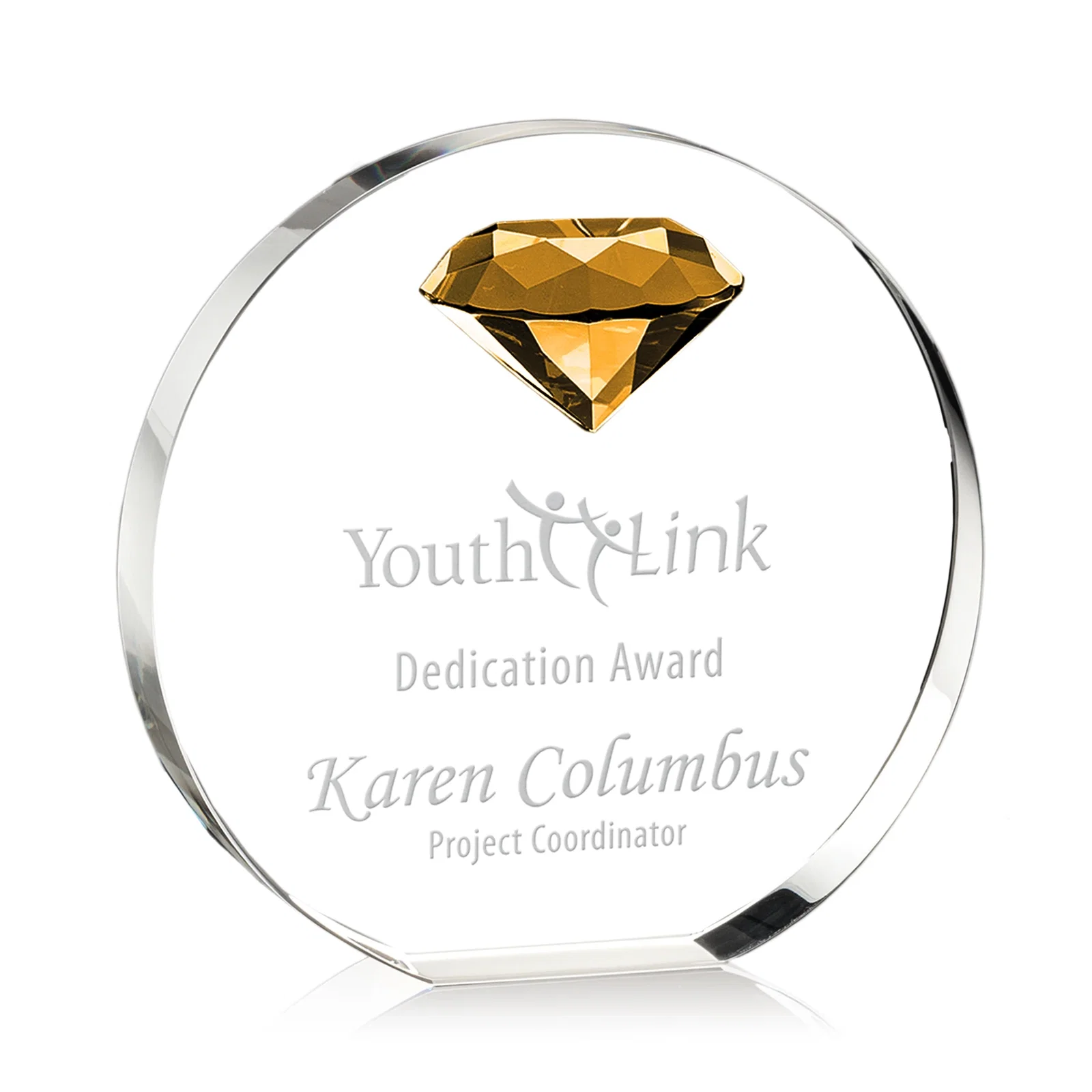 Custom Optical Crystal Disc Award with Faceted Gemstone for donor appreciation
