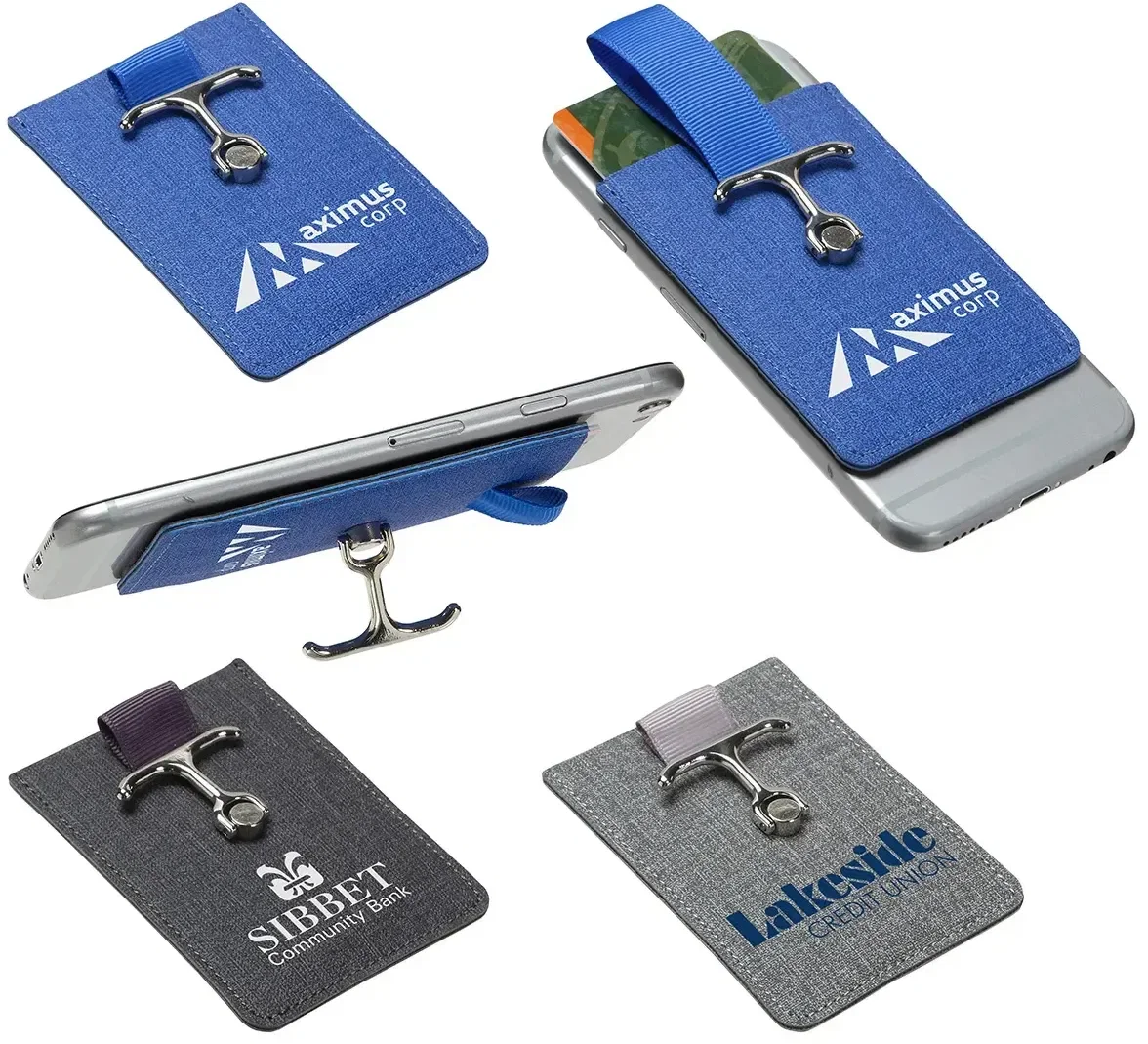 Anchor phone wallet and stand front view, custom branded phone wallet with a card pocket