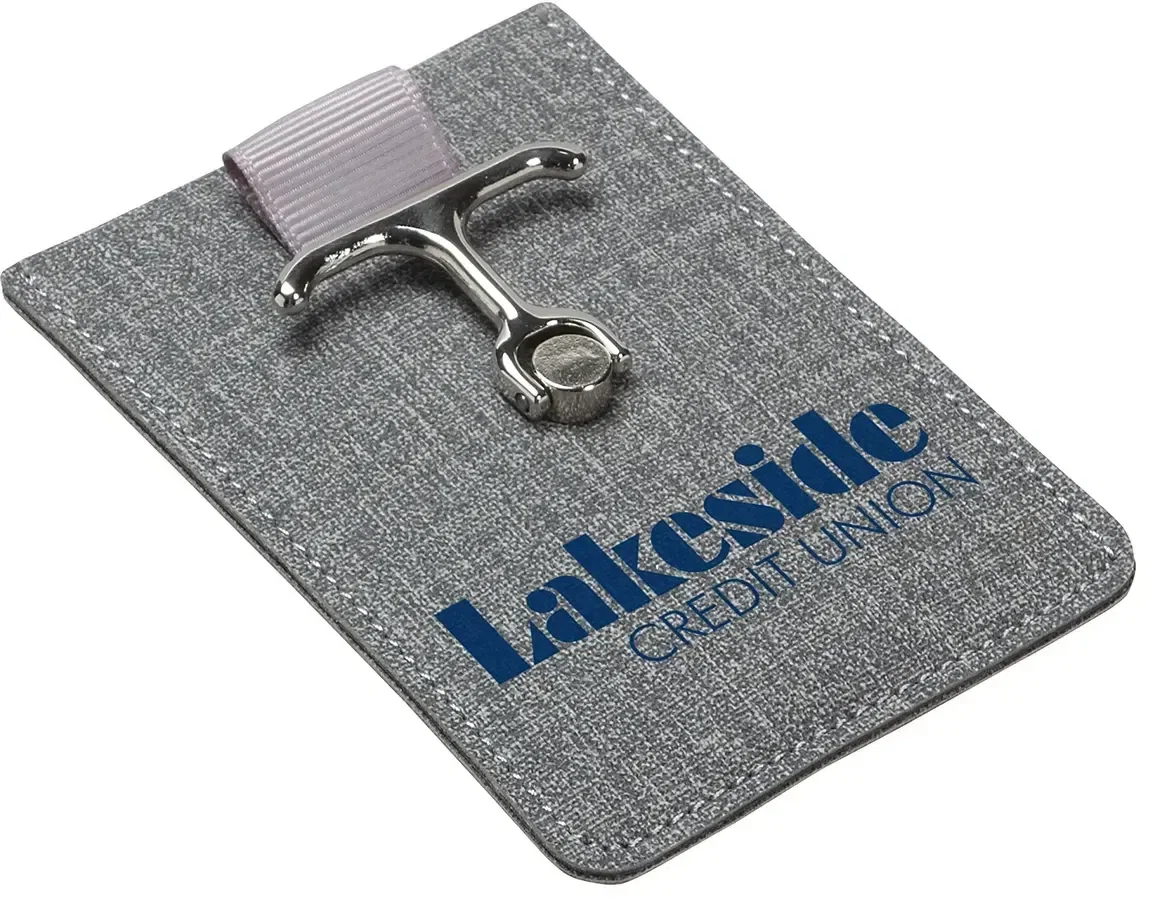 Branded Anchor phone wallet angled view showing the metal anchor grip and stand