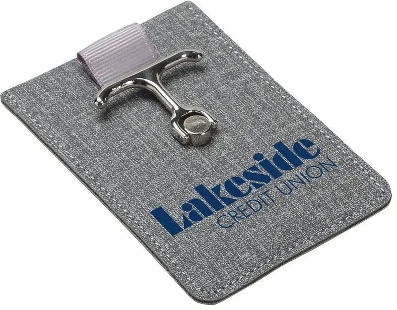 Branded Anchor phone wallet angled view showing the metal anchor grip and stand