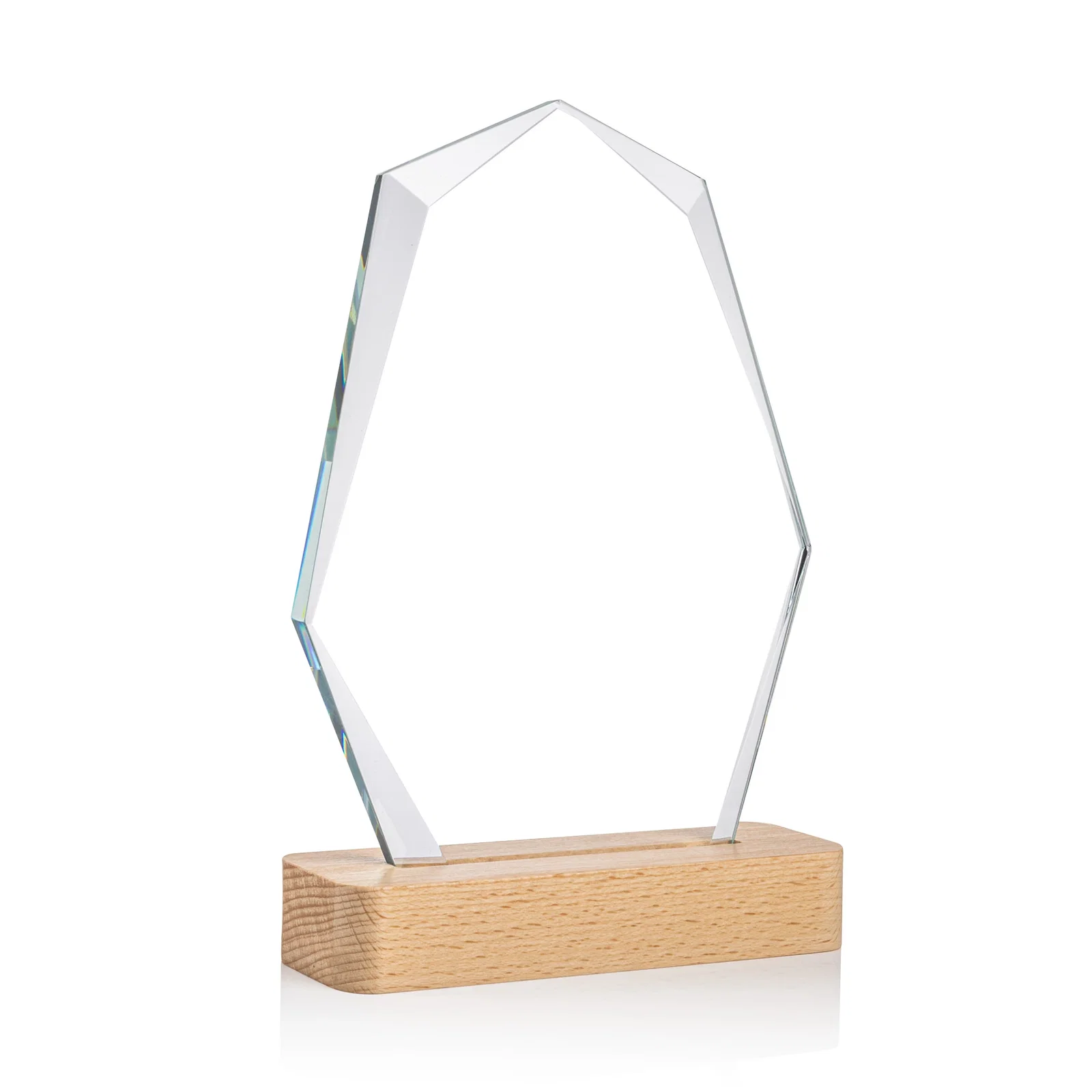 Custom Starfire Crystal Geometric Award on Beechwood Base for company anniversary events