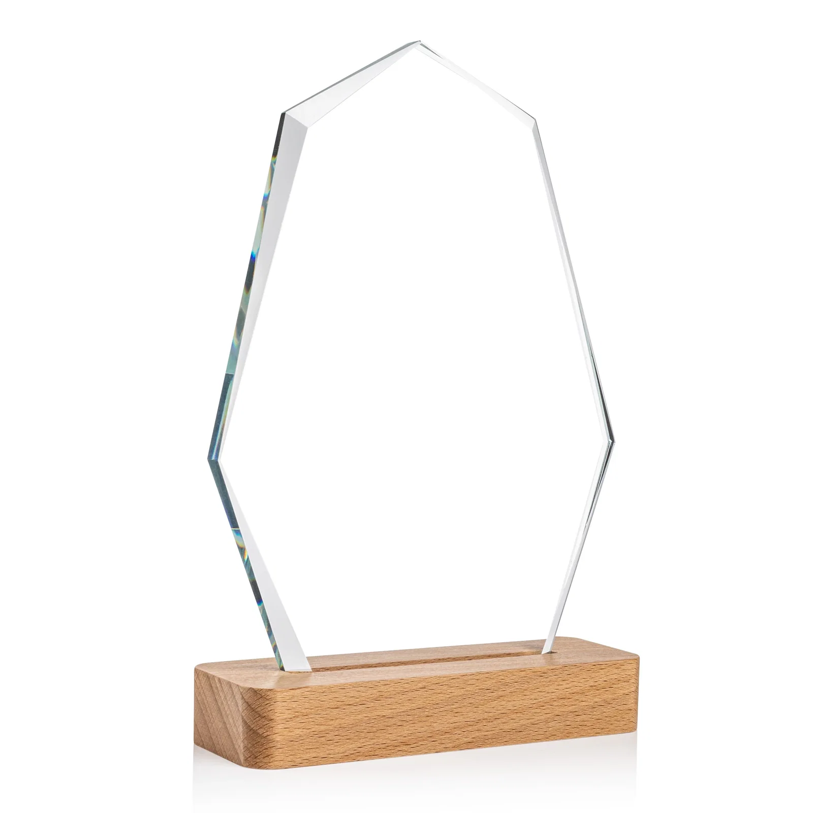 Personalized Starfire Crystal Geometric Award on Beechwood Base for employee recognition