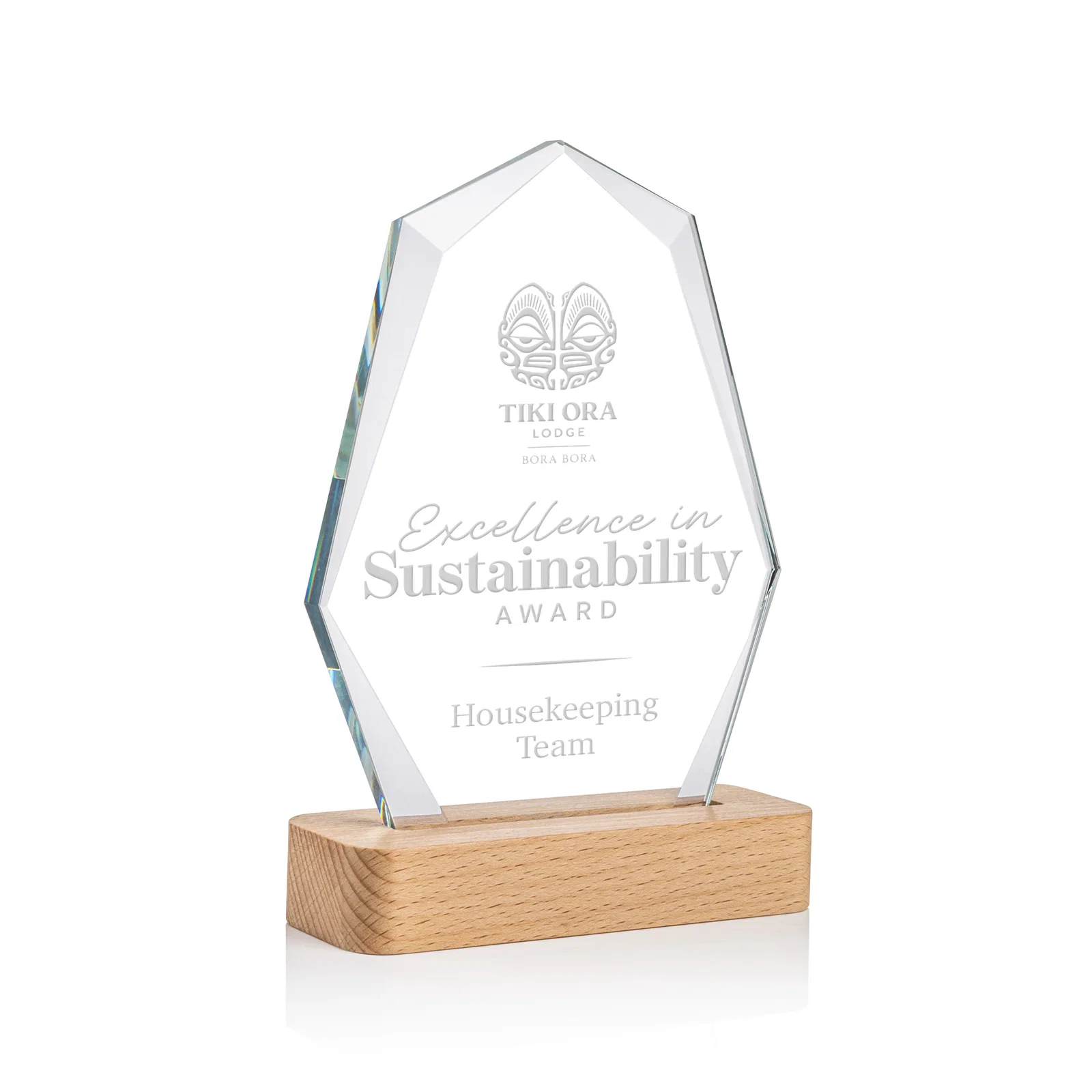 Custom Starfire Crystal Geometric Award on Beechwood Base for corporate award ceremonies