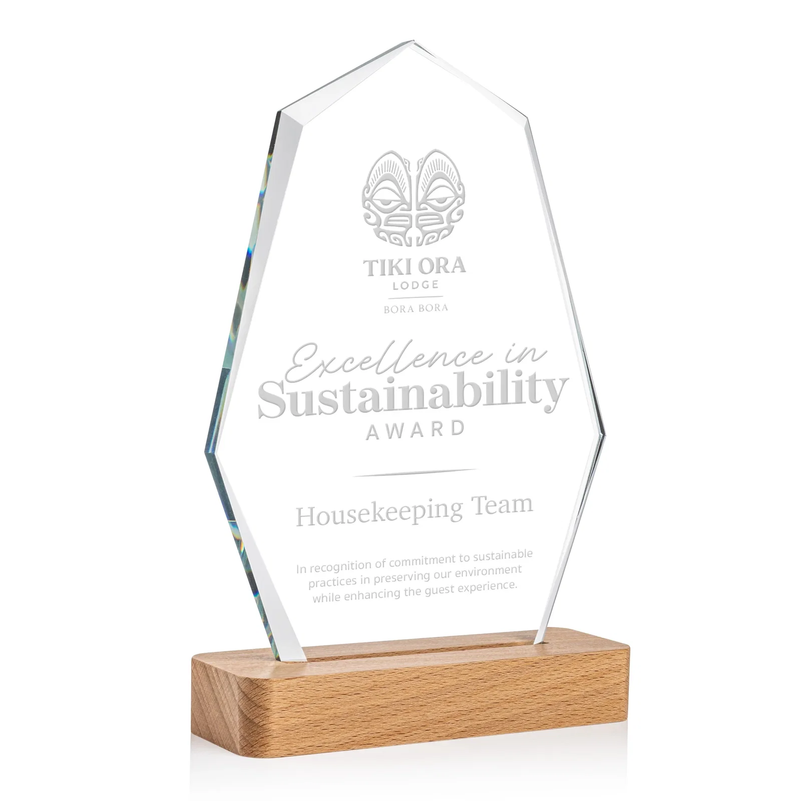 Custom Starfire Crystal Geometric Award on Beechwood Base for sales achievement awards