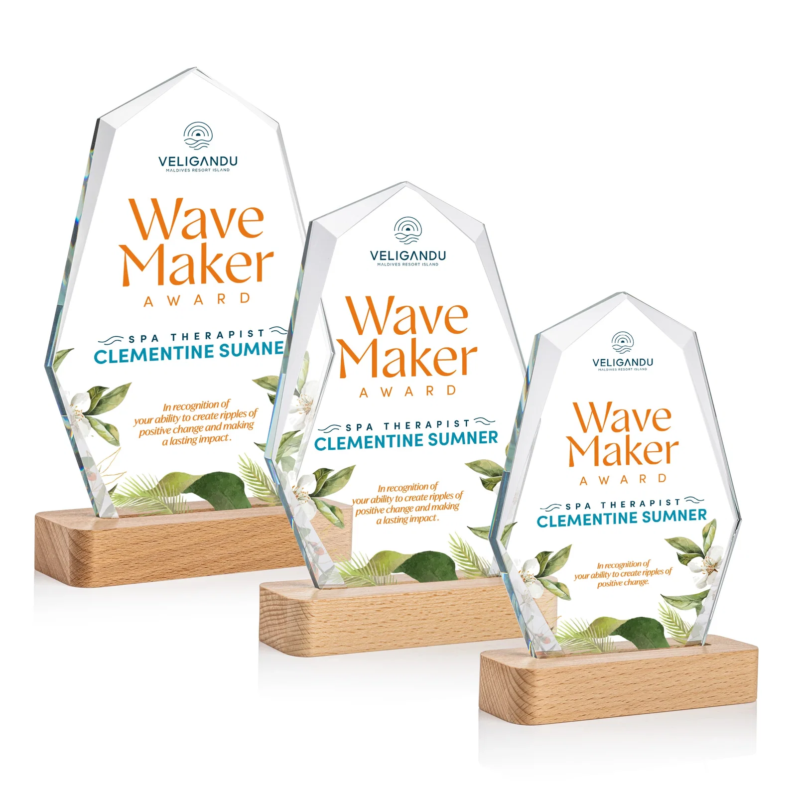 Custom Starfire Crystal Geometric Award on Beechwood Base for team milestone celebrations