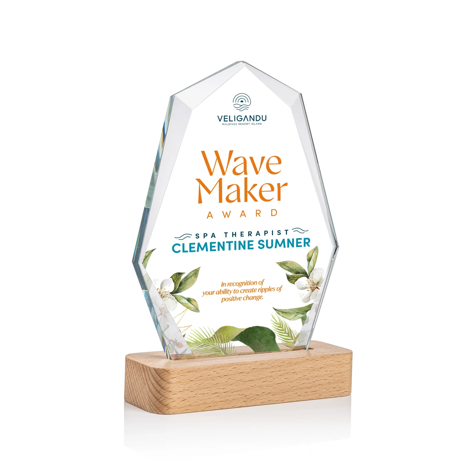 Custom Starfire Crystal Geometric Award on Beechwood Base for donor appreciation