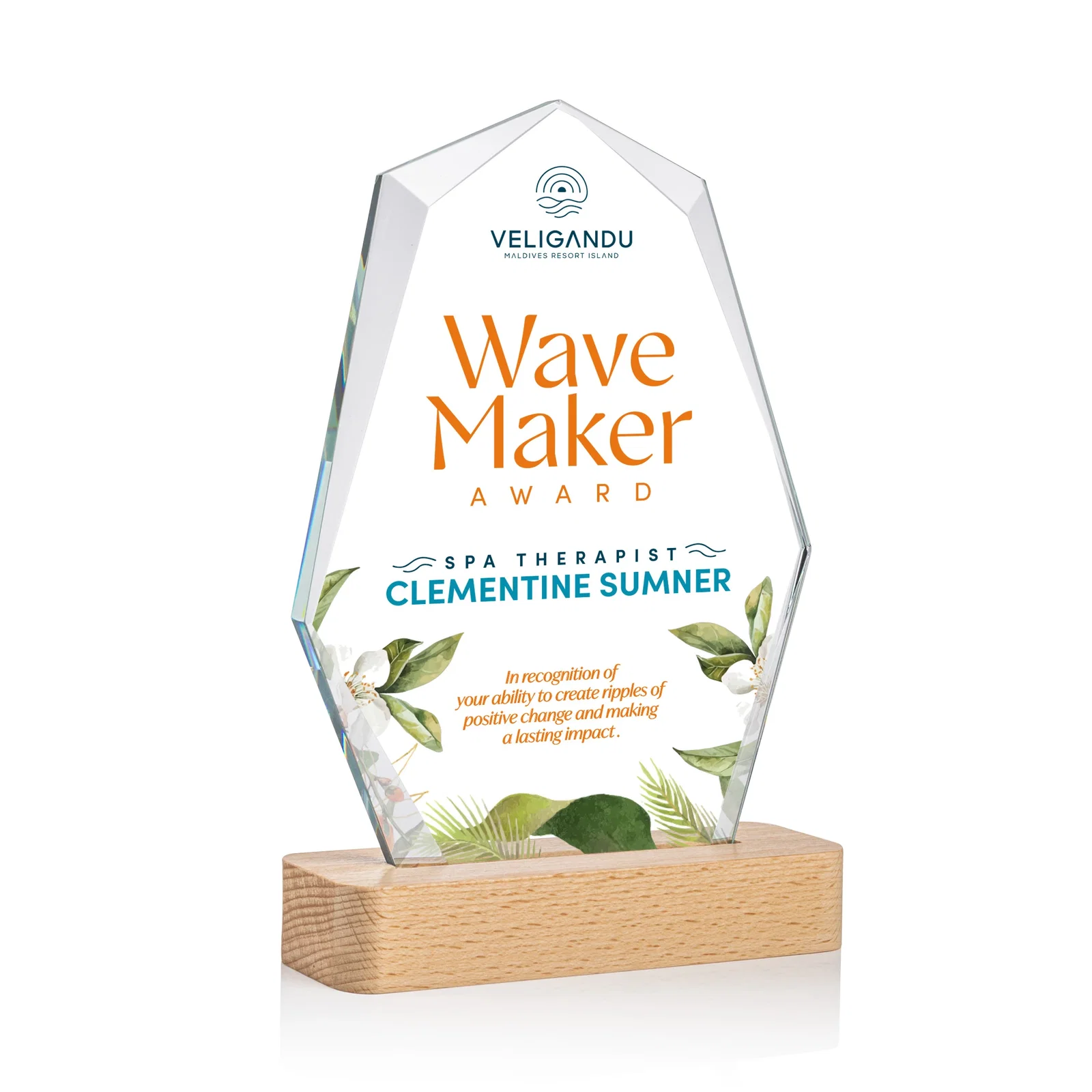 Custom Starfire Crystal Geometric Award on Beechwood Base for graduation ceremonies