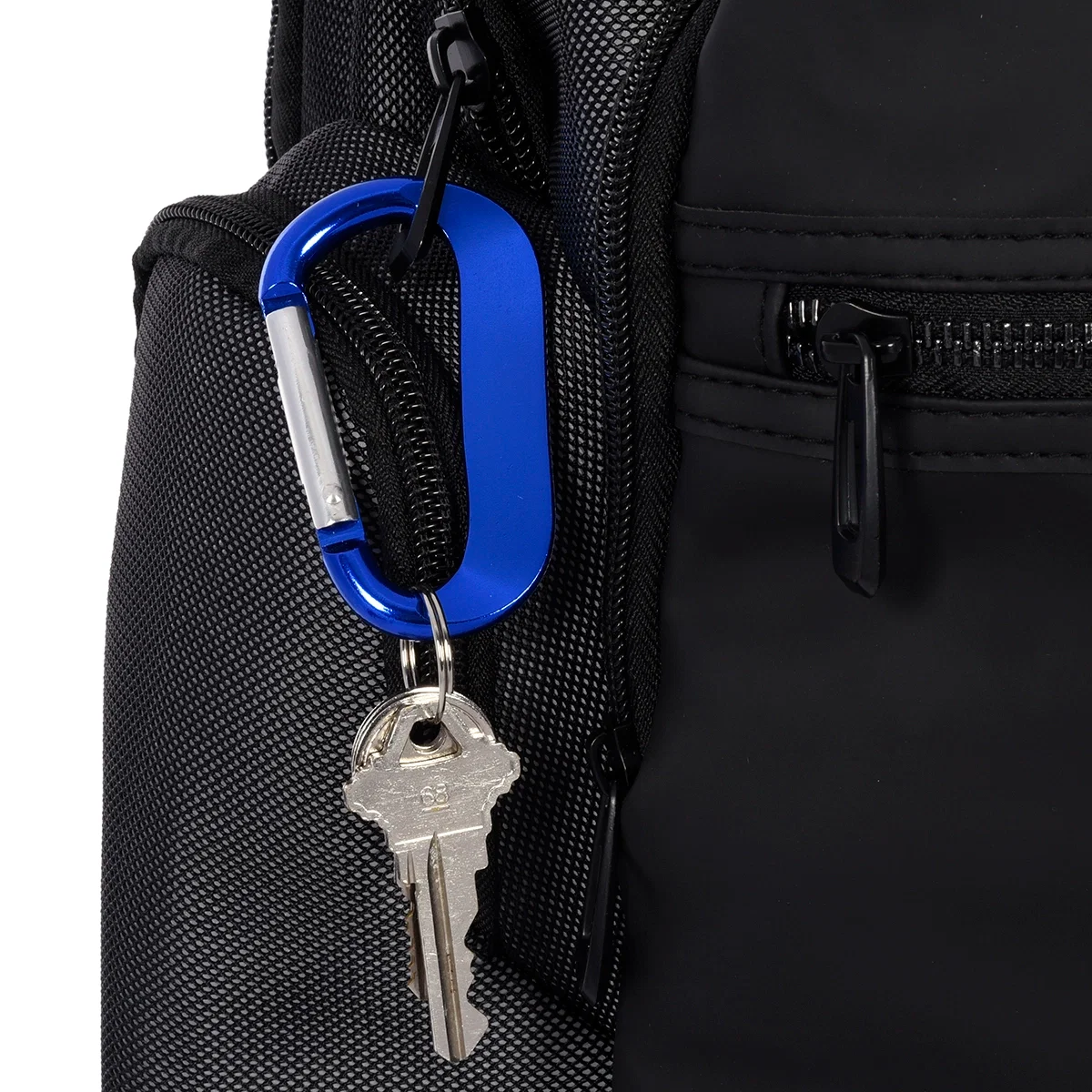 Blue carabiner pictured at an angle against a plain backdrop