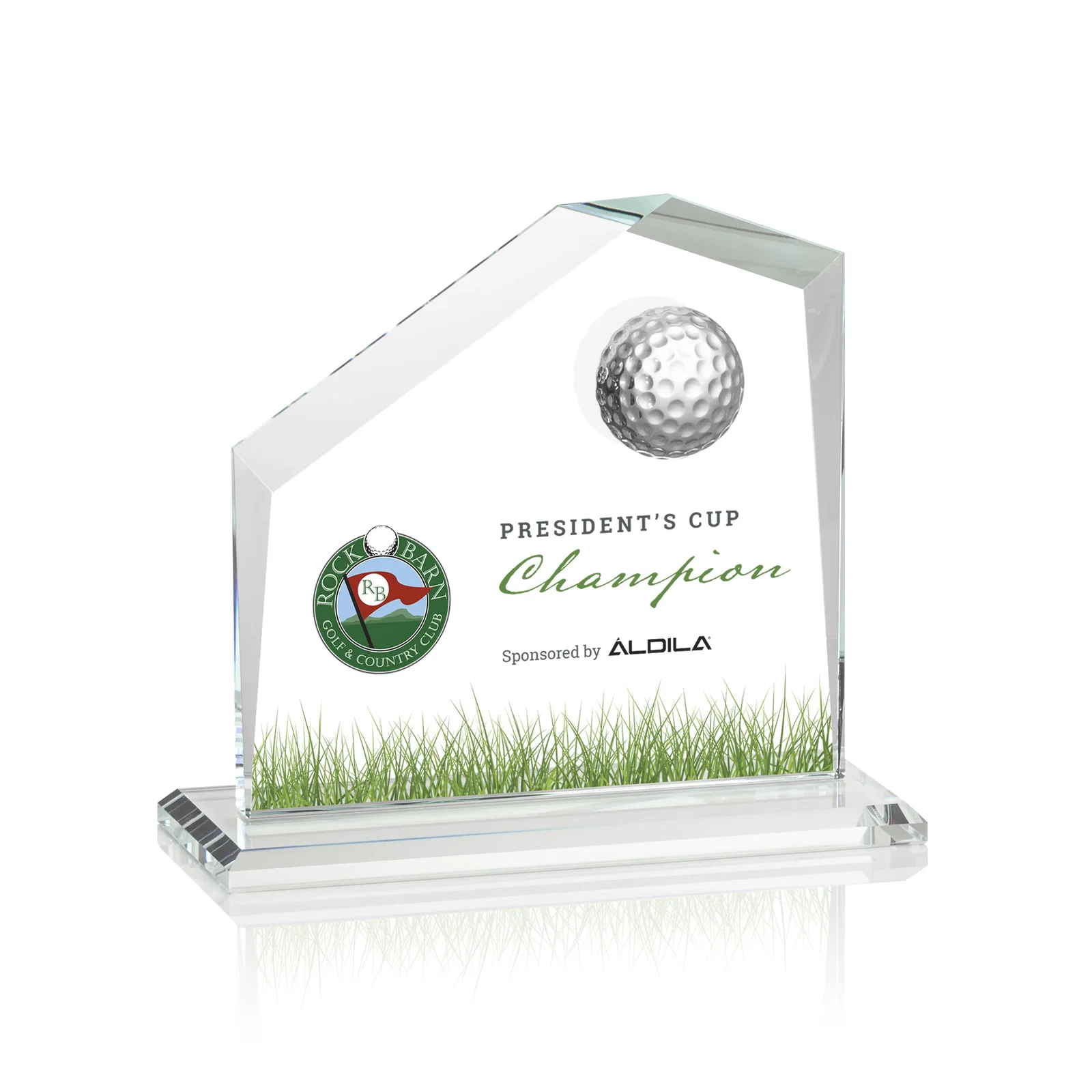 Custom Starfire Crystal Award with 3D Golf Ball on Beveled Face for volunteer appreciation