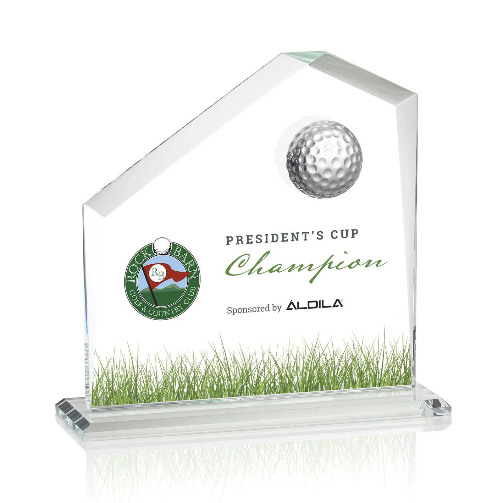 Custom Starfire Crystal Award with 3D Golf Ball on Beveled Face for dealer and partner awards