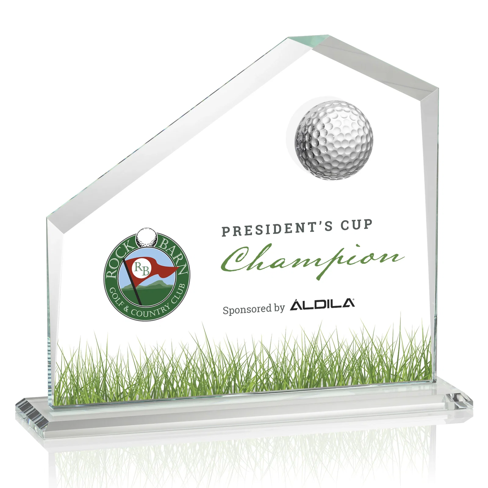 Custom Starfire Crystal Award with 3D Golf Ball on Beveled Face for company anniversary events