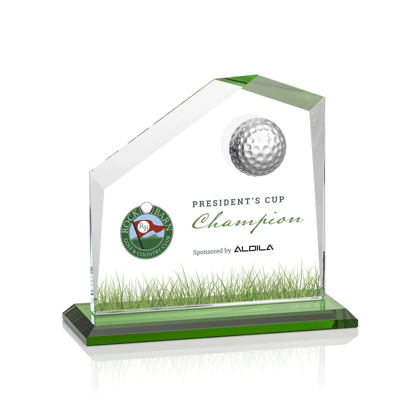 Personalized Starfire Crystal Award with 3D Golf Ball on Beveled Face for corporate award ceremonies