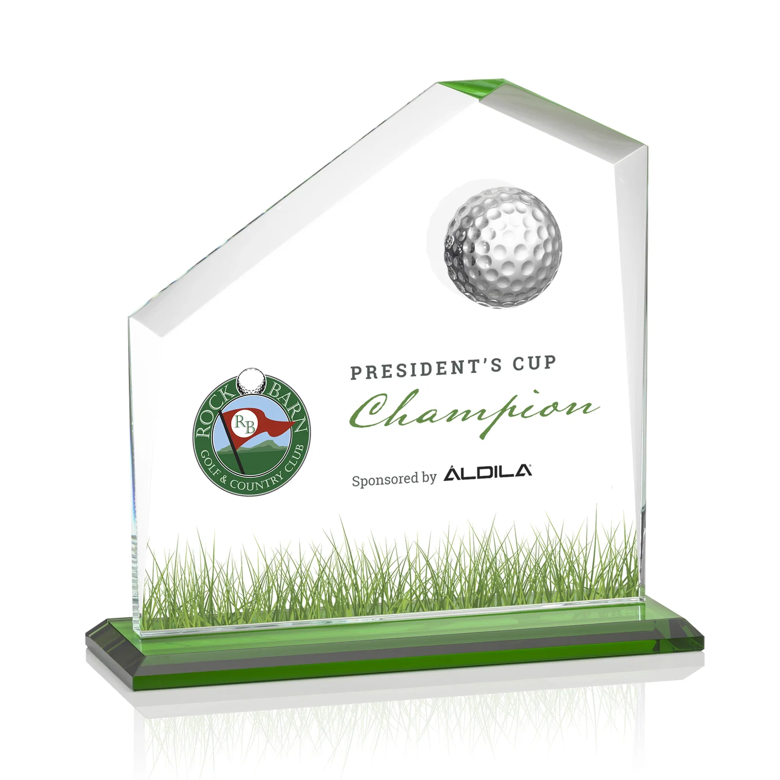 Personalized Starfire Crystal Award with 3D Golf Ball on Beveled Face for service anniversary gifts