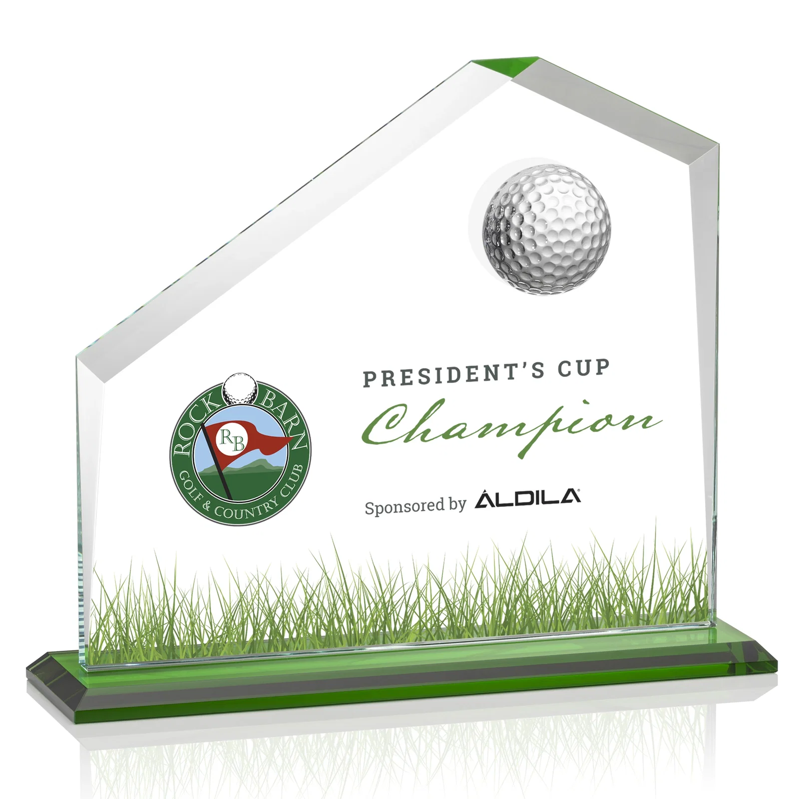 Personalized Starfire Crystal Award with 3D Golf Ball on Beveled Face for sales achievement awards