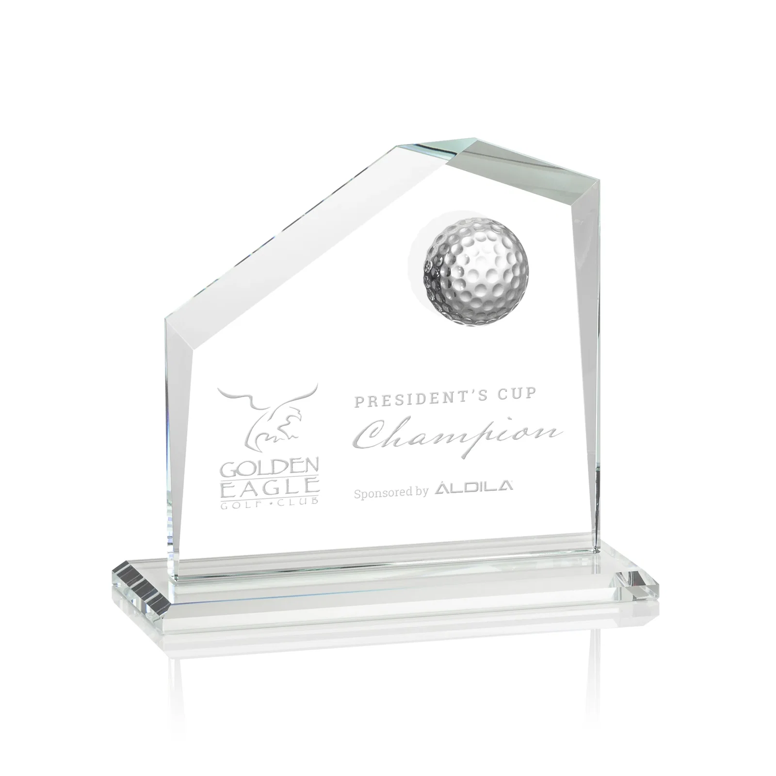 Custom Starfire Crystal Award with 3D Golf Ball on Beveled Face for corporate award ceremonies