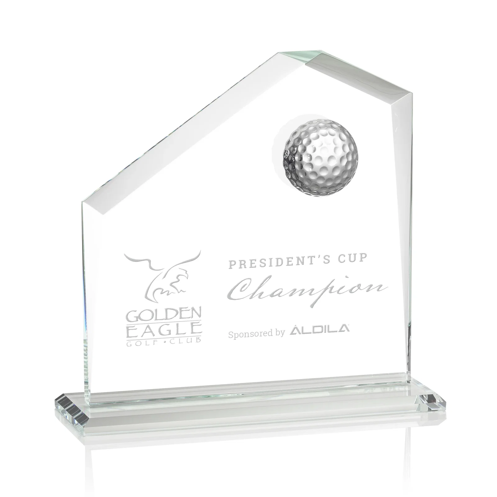 Custom Starfire Crystal Award with 3D Golf Ball on Beveled Face for service anniversary gifts