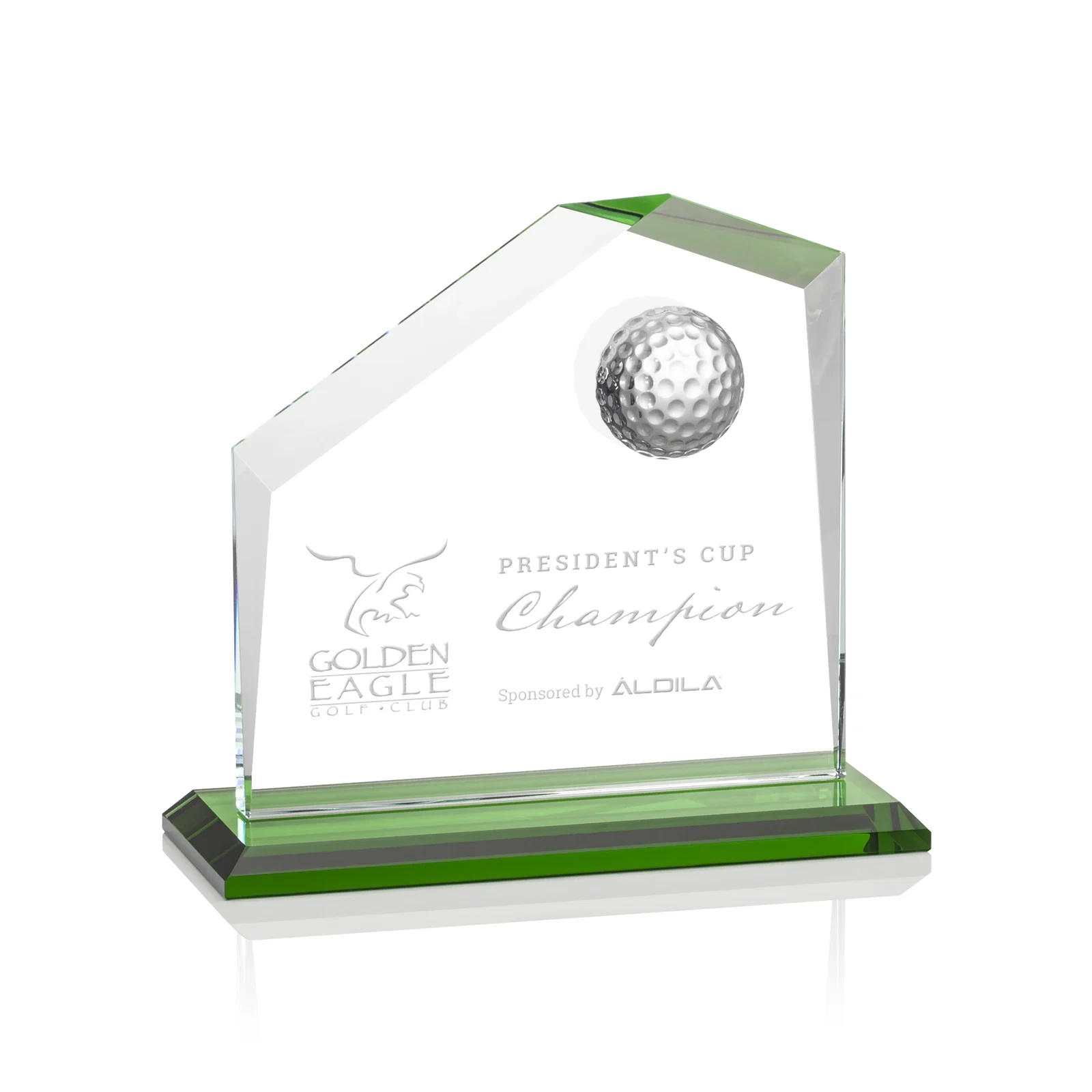 Custom Starfire Crystal Award with 3D Golf Ball on Beveled Face for team milestone celebrations