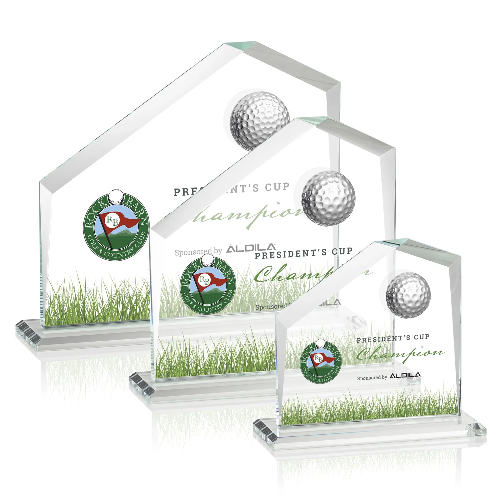 Custom Starfire Crystal Award with 3D Golf Ball on Beveled Face for safety achievement programs