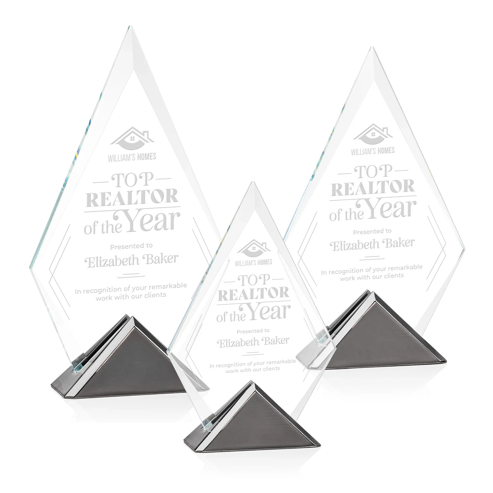 Custom Starfire Crystal Diamond Award on Triangular Gunmetal Base for employee recognition