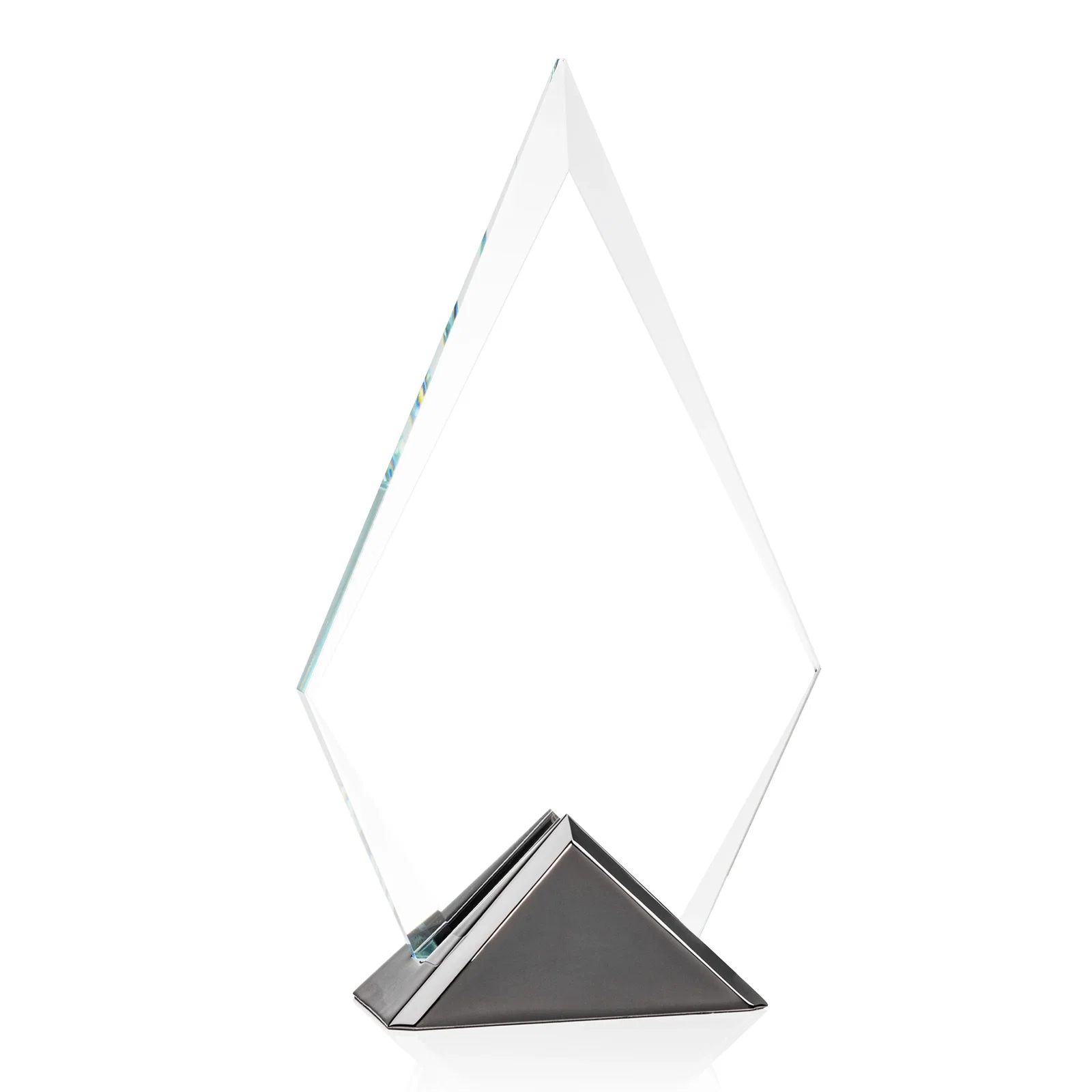 Custom Starfire Crystal Diamond Award on Triangular Gunmetal Base for company anniversary events