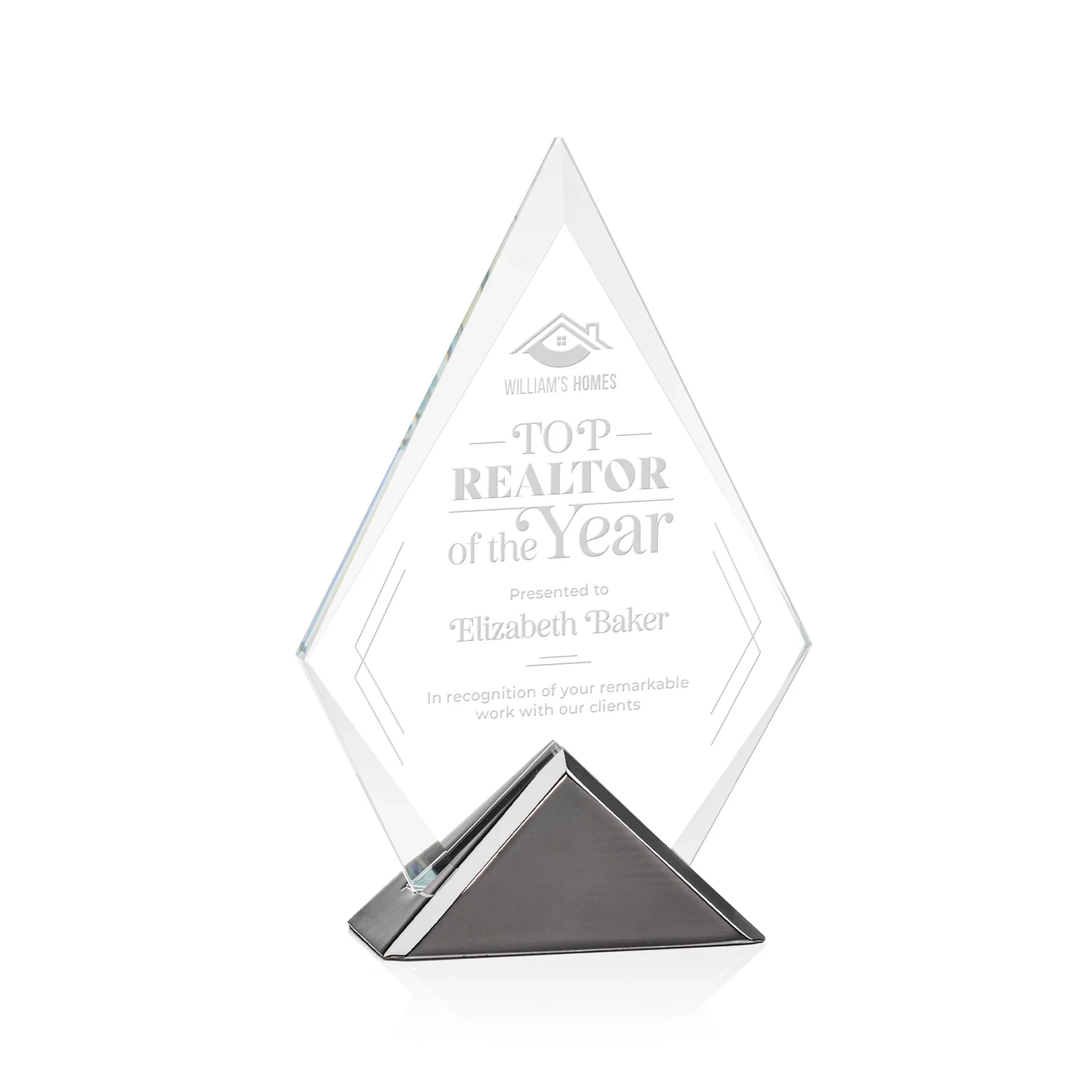 Custom Starfire Crystal Diamond Award on Triangular Gunmetal Base for corporate award ceremonies
