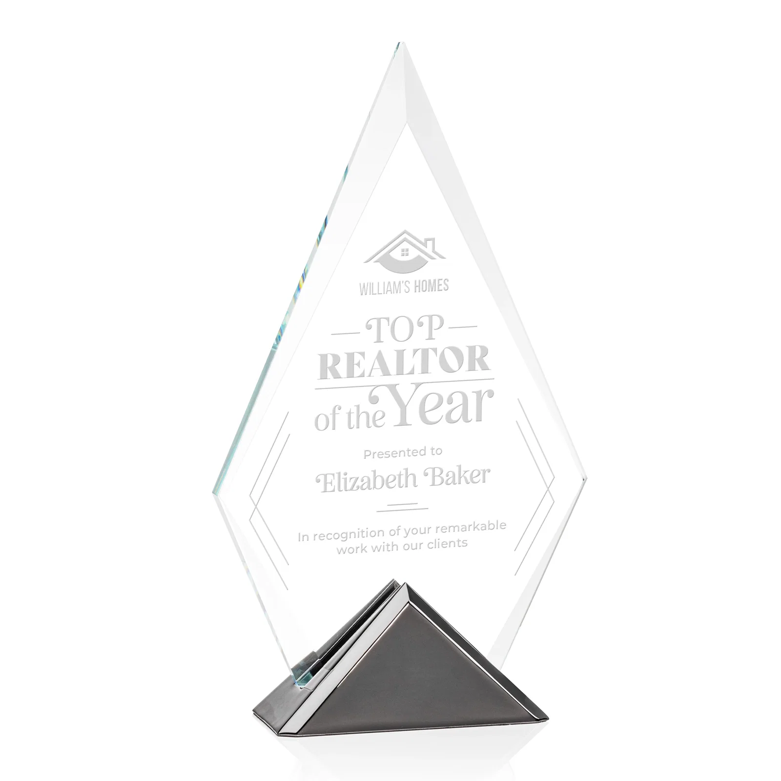 Custom Starfire Crystal Diamond Award on Triangular Gunmetal Base for sales achievement awards